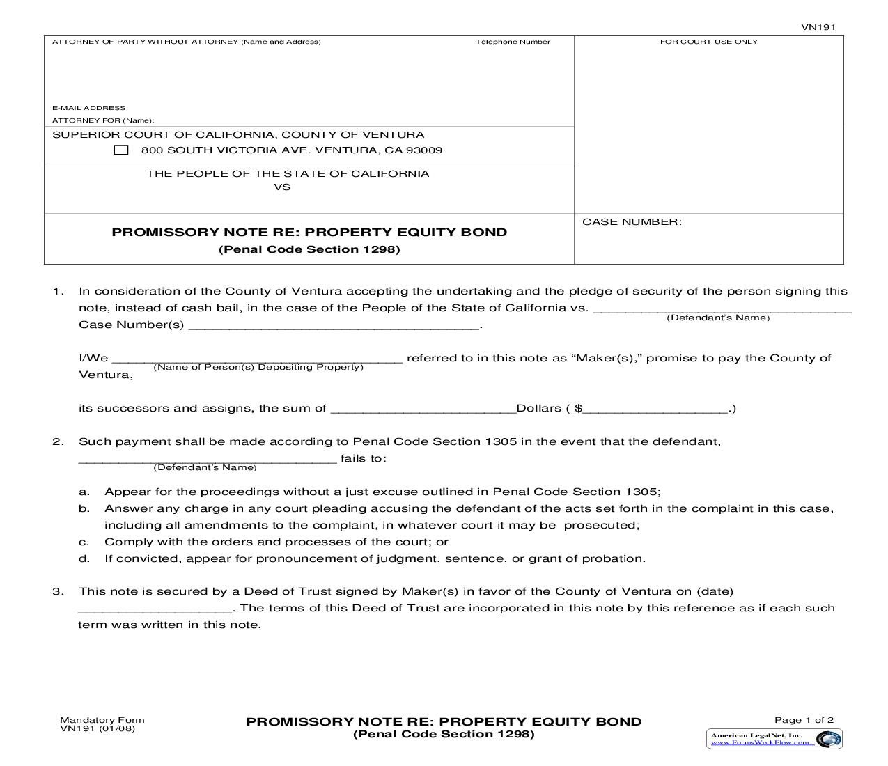 Promissory Note Re Property Equity Bond {VN191} | Pdf Fpdf Doc Docx | California