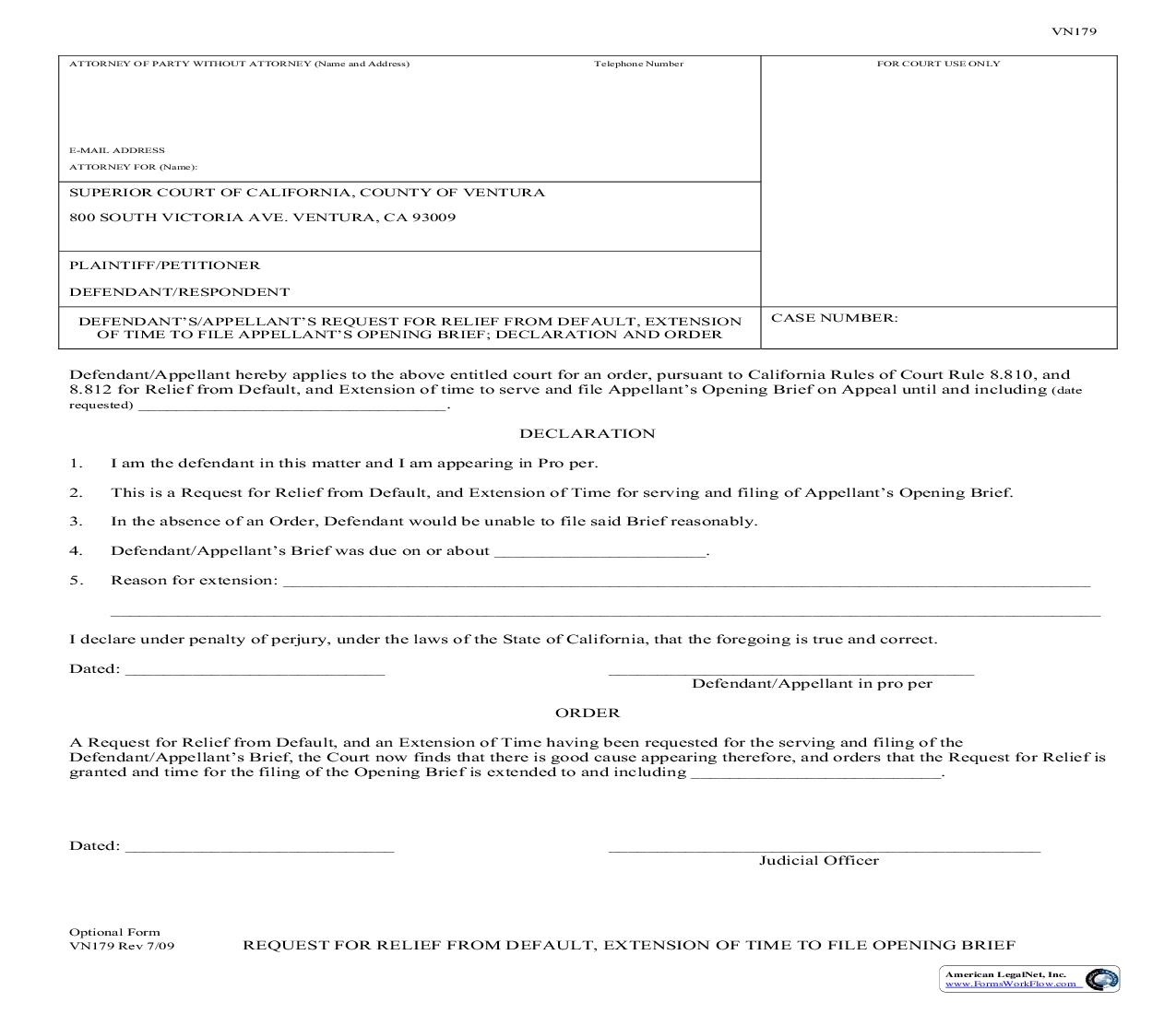 Request For Relief From Default Extension Of Time To File Opening Brief {VN179} | Pdf Fpdf Doc Docx | California