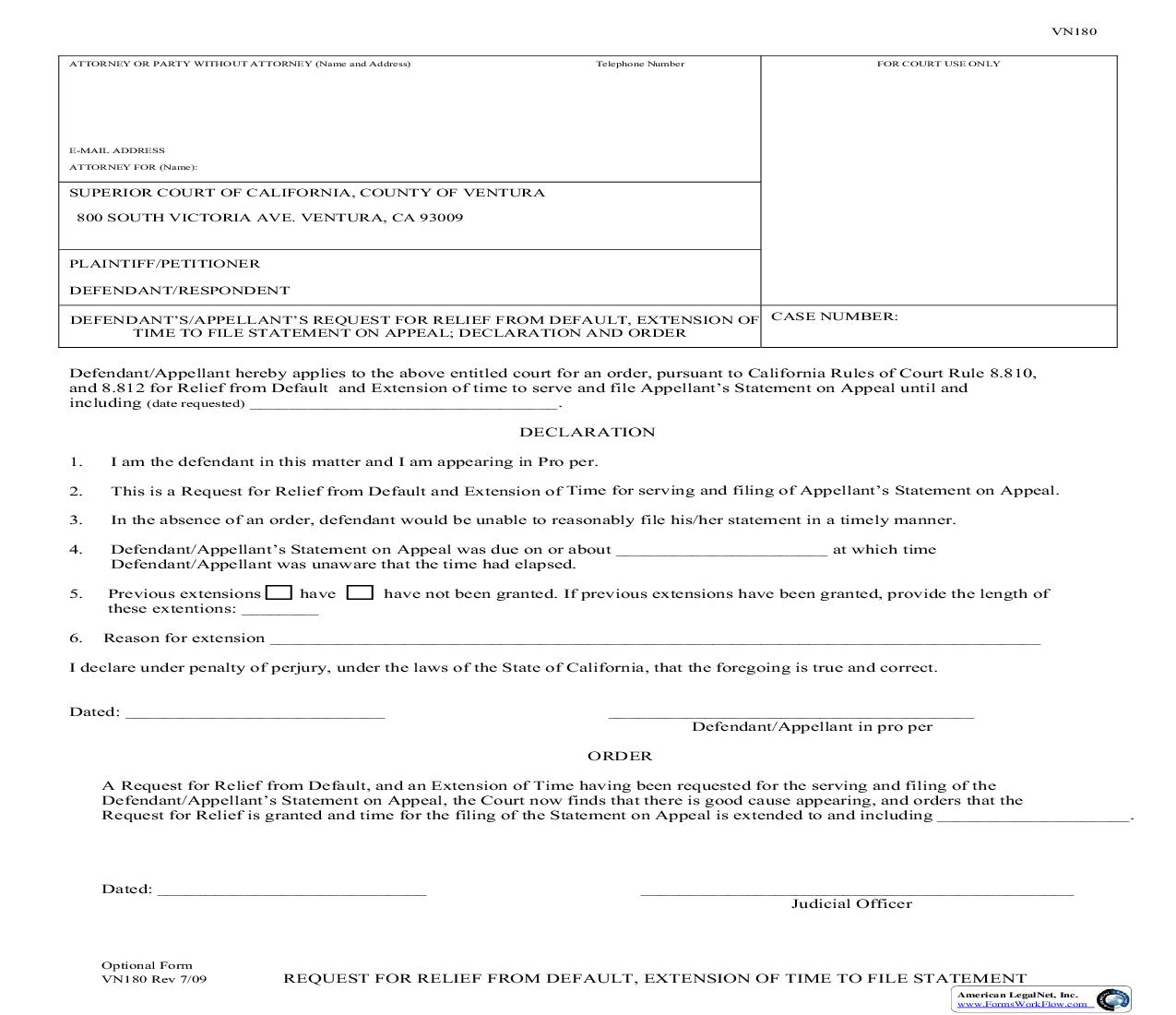 Request For Relief From Default Extension Of Time To File Statement {VN180} | Pdf Fpdf Doc Docx | California