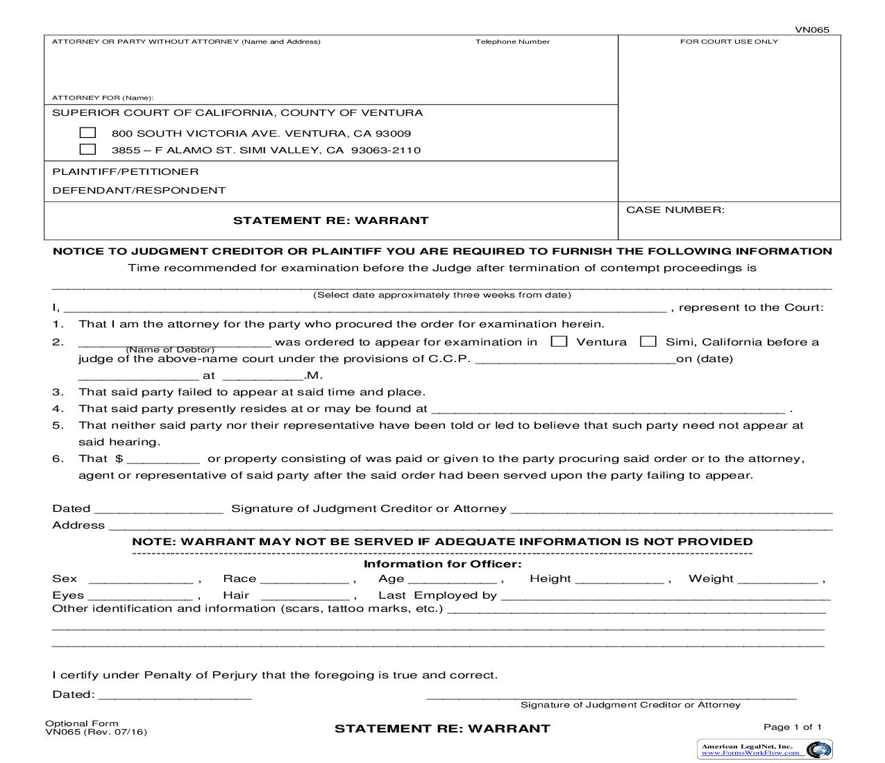 Statement Re Warrant {VN065} | Pdf Fpdf Doc Docx | California