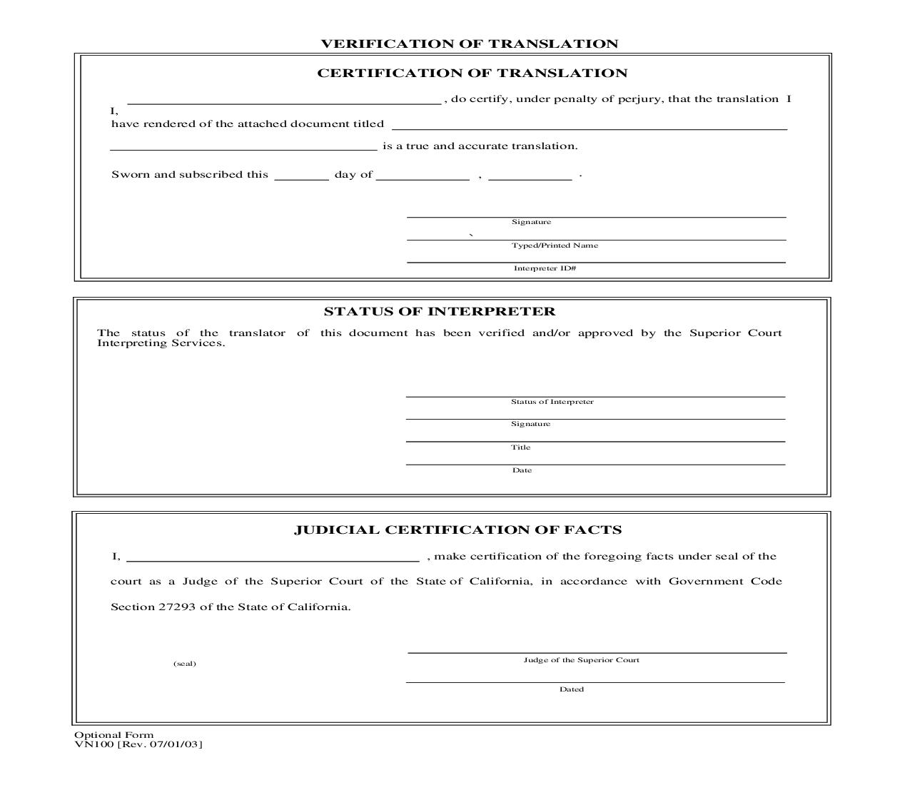 Verification Of Translation {VN100} | Pdf Fpdf Doc Docx | California