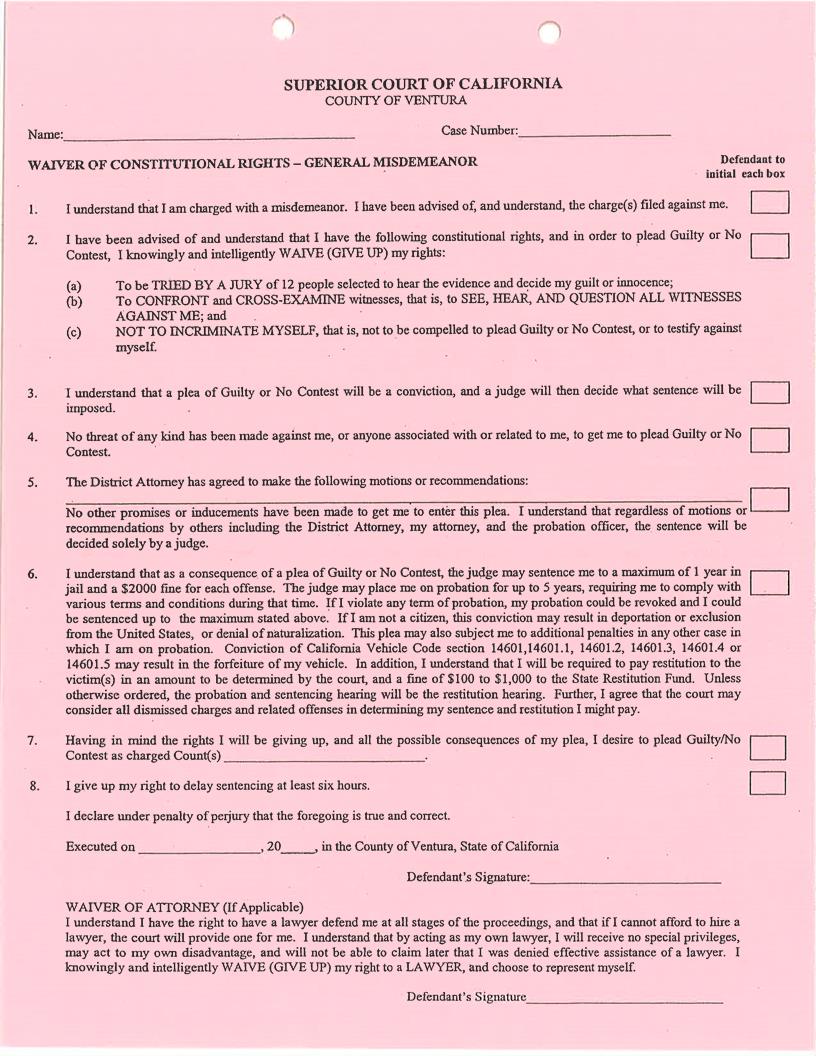 Waiver Of Constitutional Rights-General Misdemeanor | Pdf Fpdf Docx | California