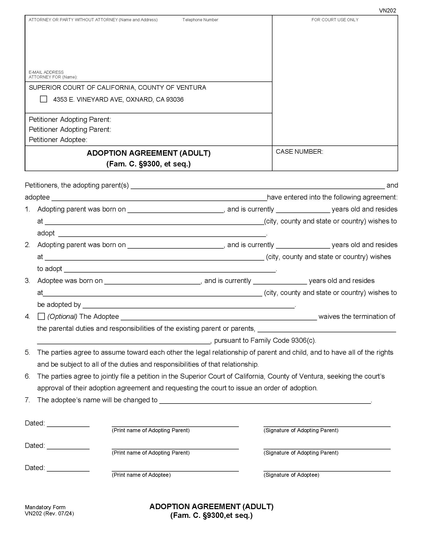 Adoption Agreement {VN202} | Pdf Fpdf Doc Docx | California