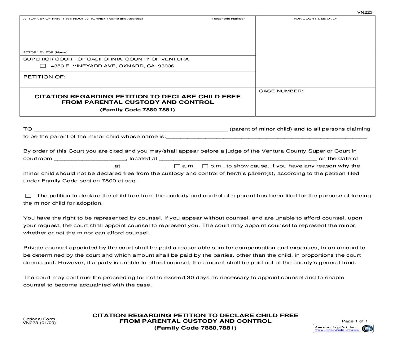 Citation Regarding Petition To Declare Child Free From Parental Custody {VN223} | Pdf Fpdf Doc Docx | California