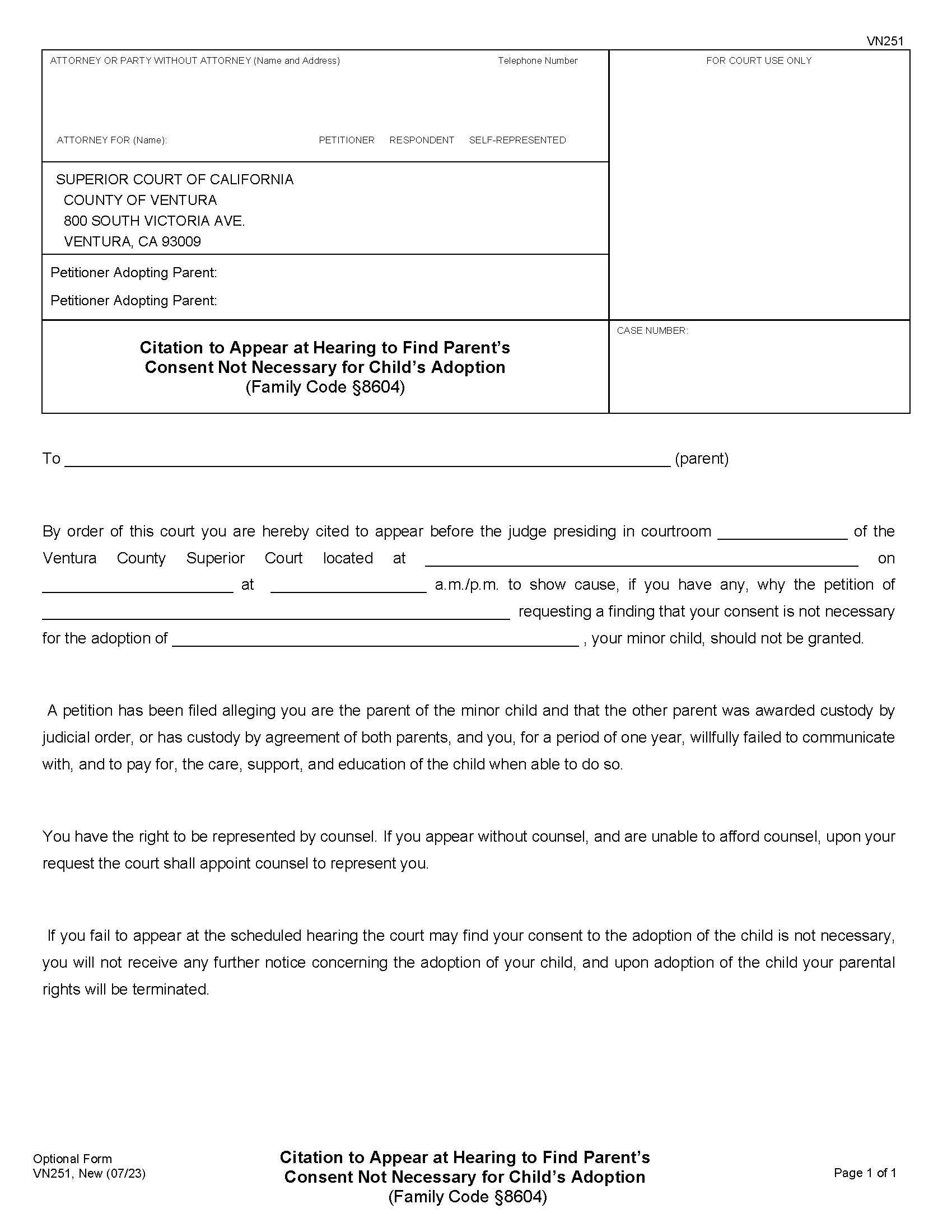 Citation To Appear At Hearing To Find Parents Consent Not Necessary {VN251} | Pdf Fpdf Doc Docx | California