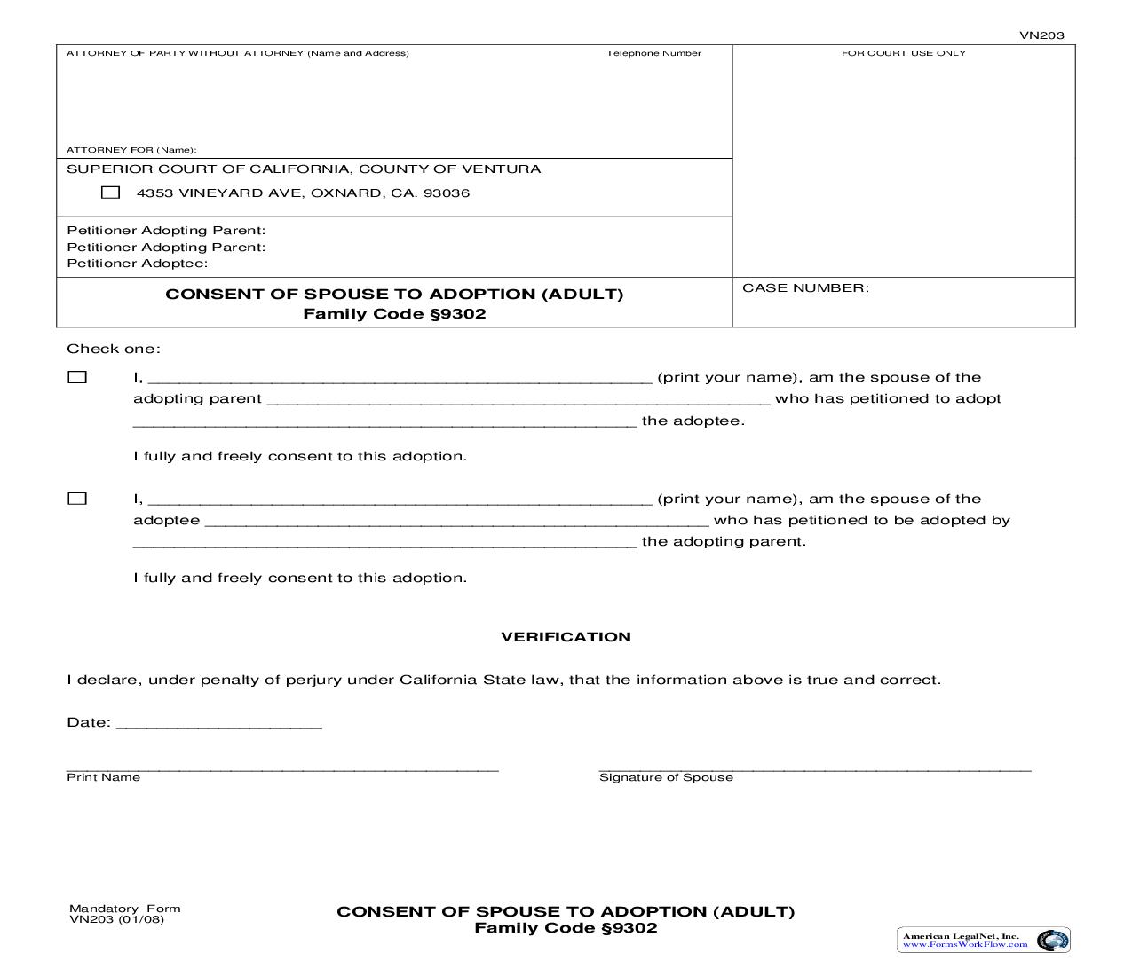 Consent Of Spouse To Adoption (Adult) {VN203} | Pdf Fpdf Doc Docx | California