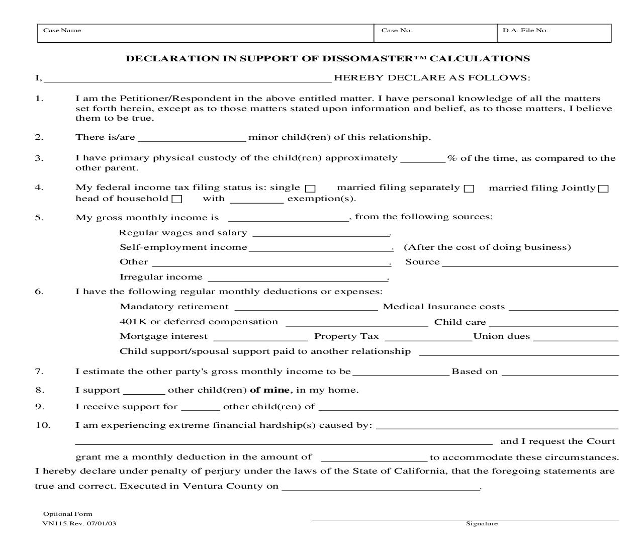 Declaration In Support Of Dissomaster Calculations {VN115} | Pdf Fpdf Doc Docx | California