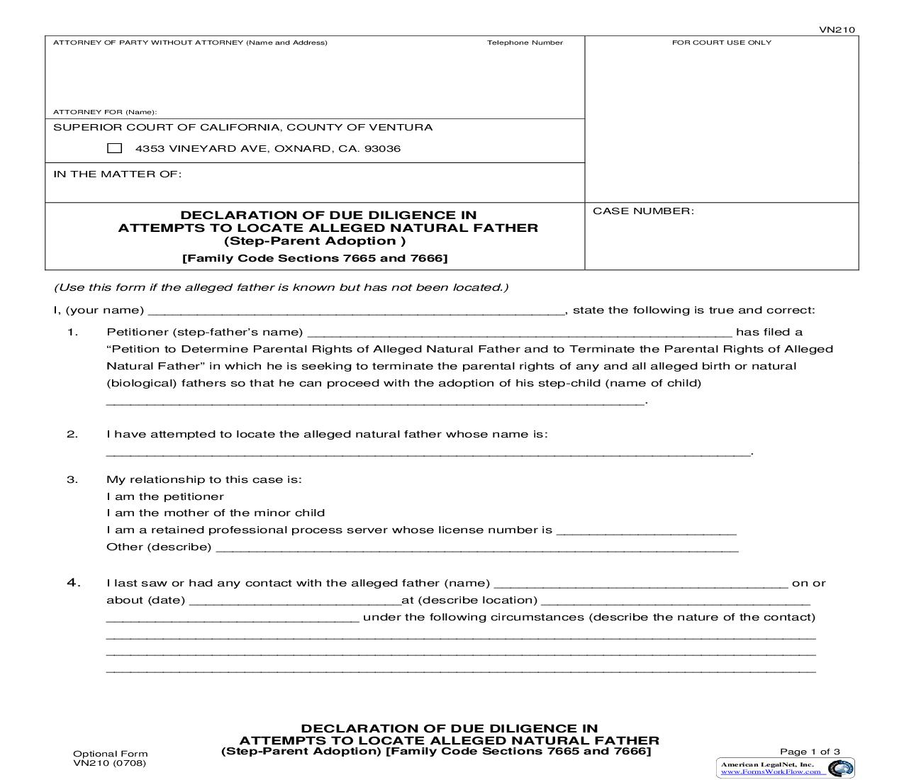 Declaration Of Due Diligence In Attempts To Locate Alleged Natural Father {VN210} | Pdf Fpdf Doc Docx | California