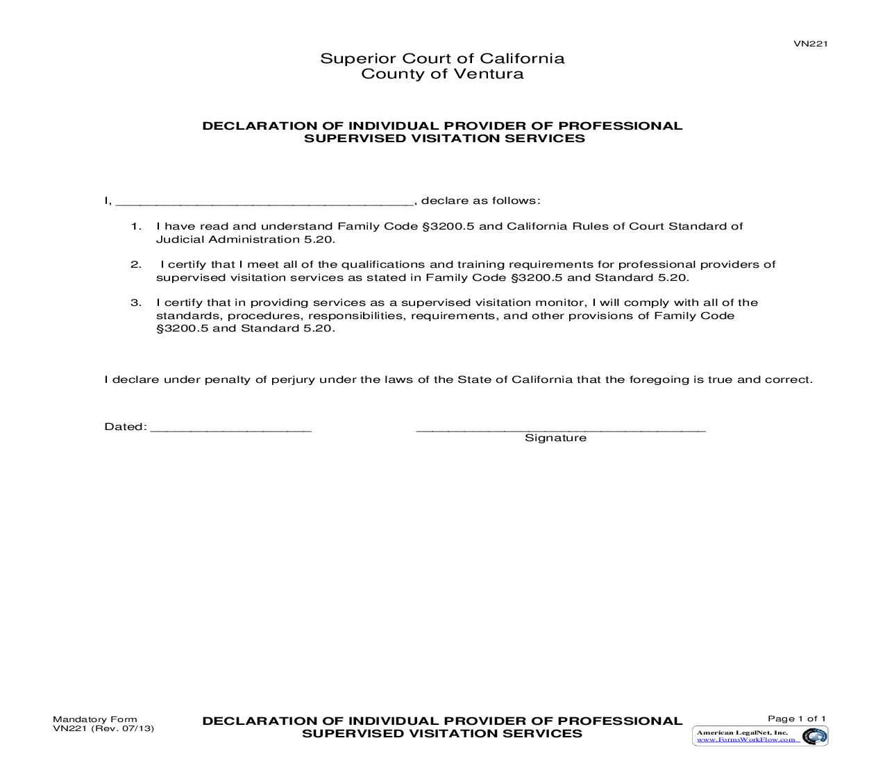 Declaration Of Individual Provider Of Professional Supervised Visitation Services {VN221} | Pdf Fpdf Doc Docx | California