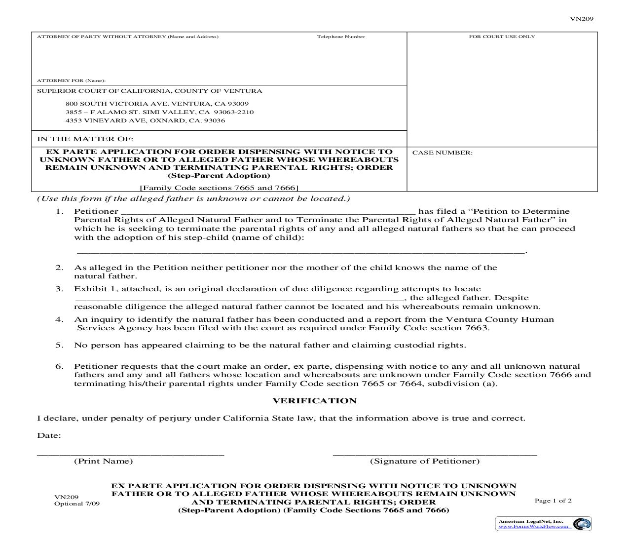 Ex Parte Application For Order Dispensing With Notice To Unknown Father {VN209} | Pdf Fpdf Doc Docx | California