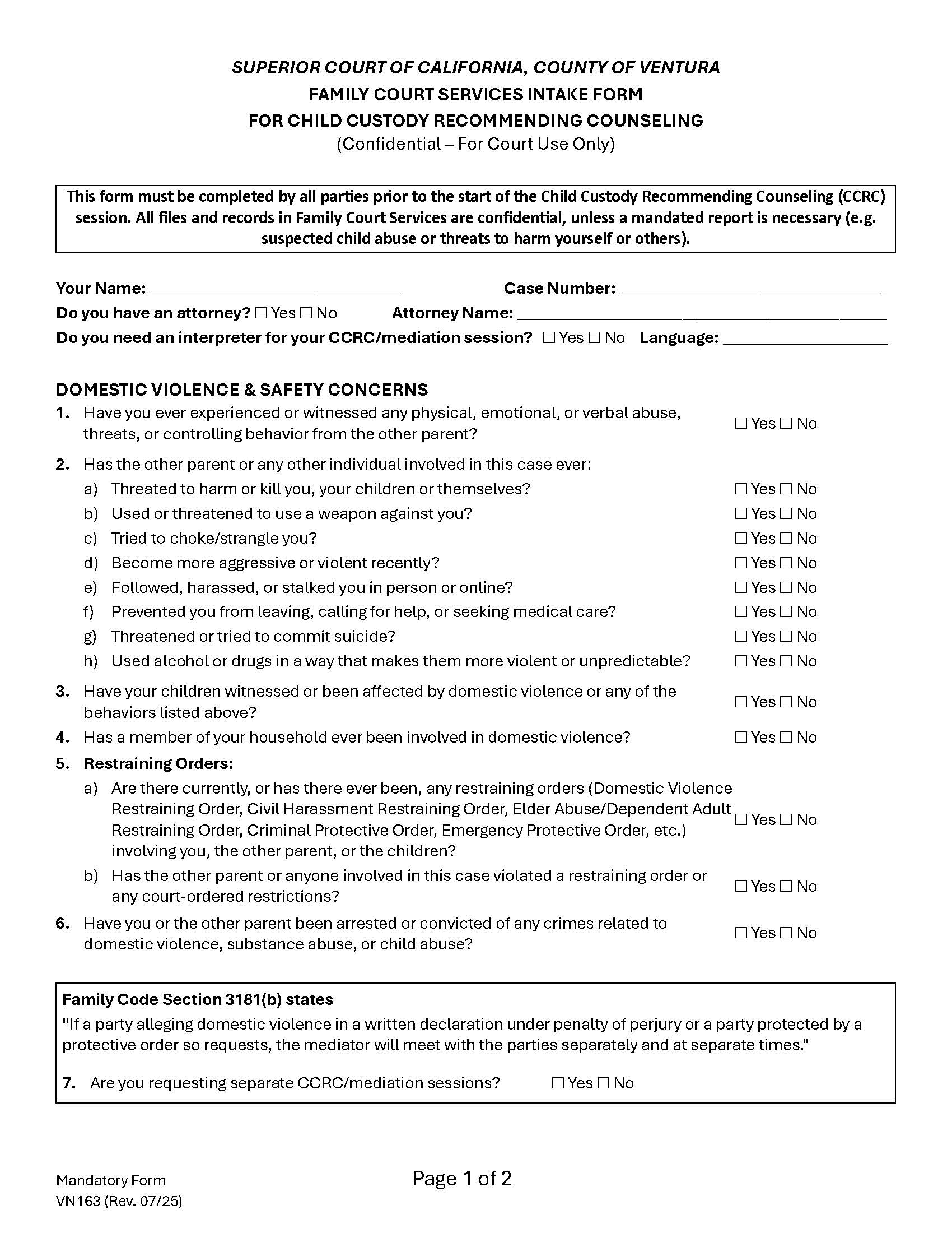 Family Intake Questionnaire {VN163} | Pdf Fpdf Doc Docx | California