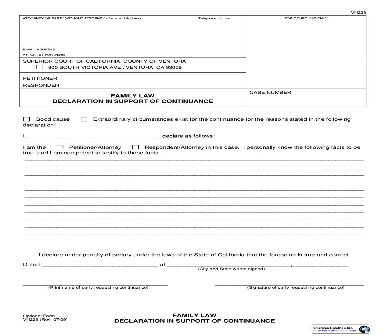 Family Law Declaration In Support Of Continuance {VN229} | Pdf Fpdf Doc Docx | California