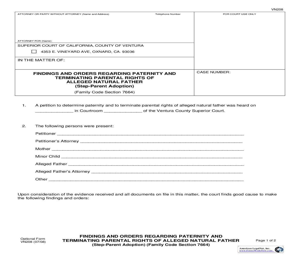 Findings And Orders Regarding Paternity And Terminating Parental Rights Of Alleged Natural Father {VN208} | Pdf Fpdf Doc Docx | California