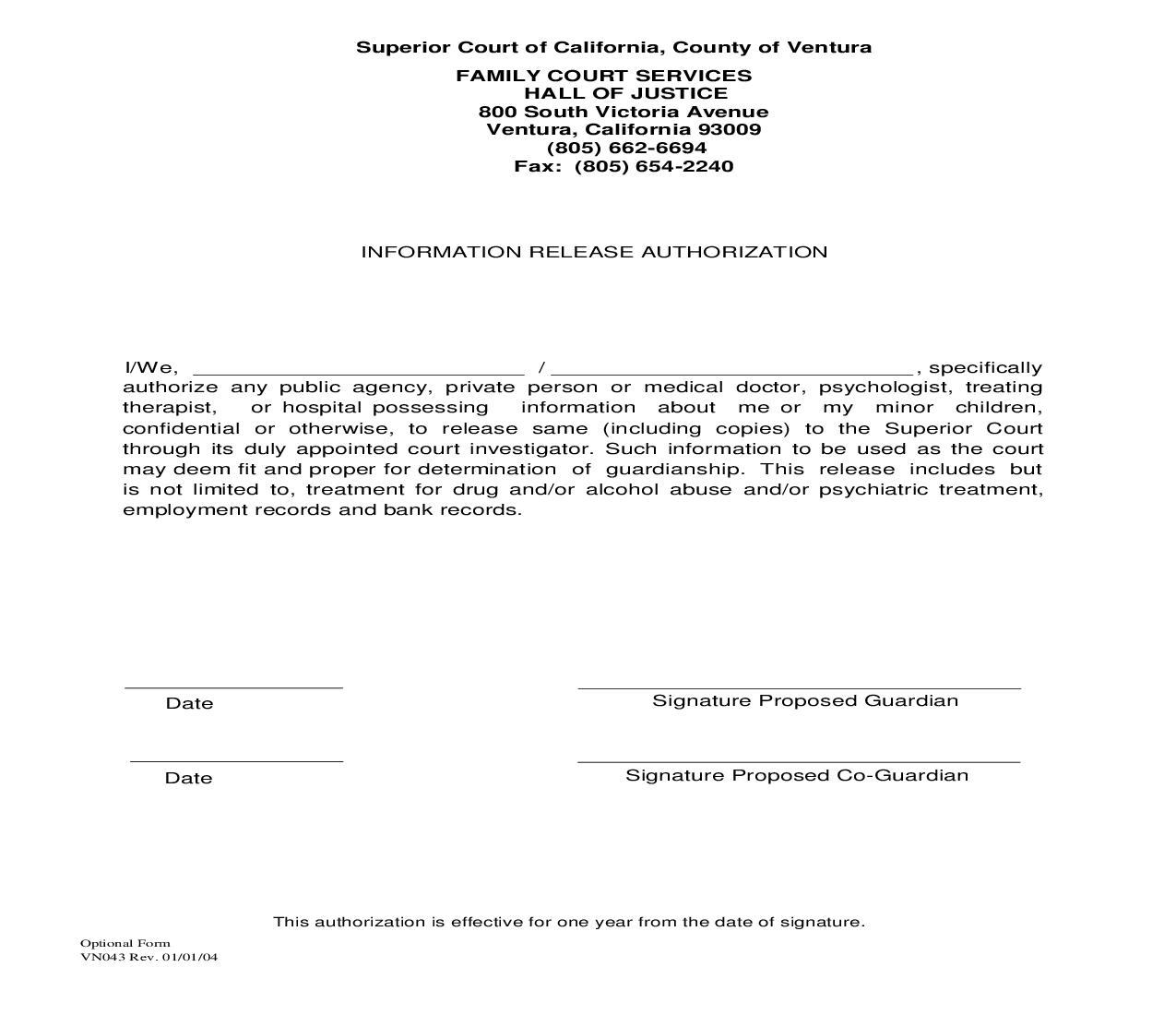 Information Release Authorization {VN043} | Pdf Fpdf Doc Docx | California