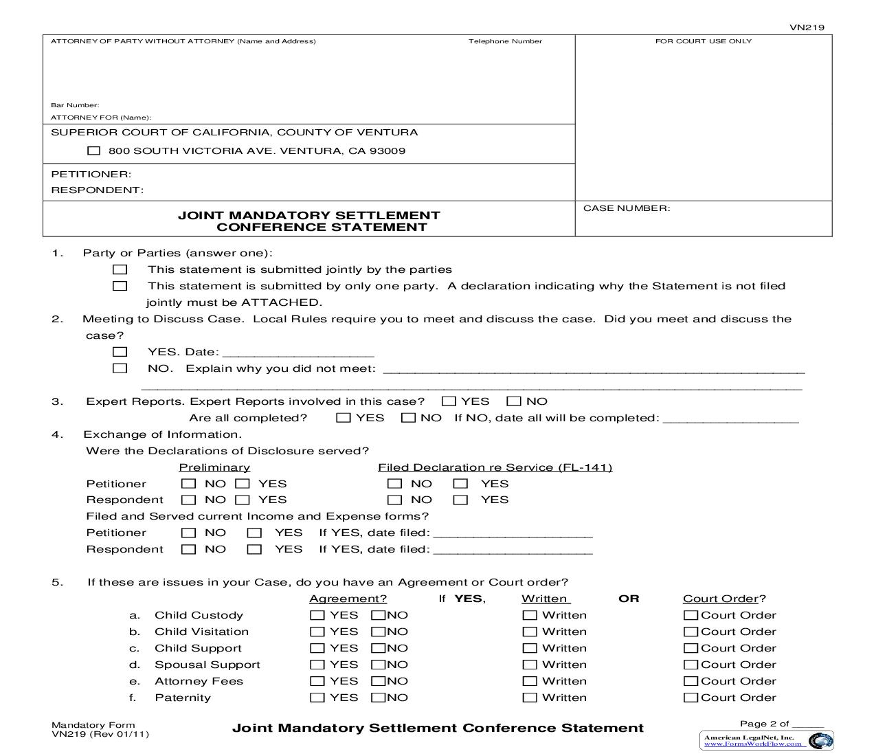 Joint Mandatory Settlement Conference Statement {VN219} | Pdf Fpdf Doc Docx | California