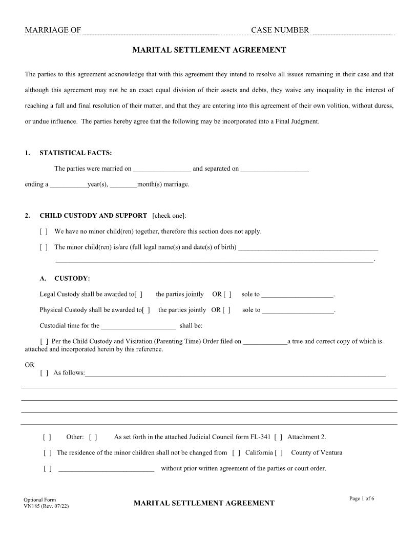 Maritial Settlement Agreement {VN185} | Pdf Fpdf Doc Docx | California