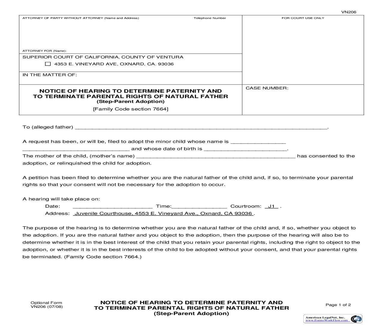 Notice Of Hearing To Determine Paternity And To Terminate Parental Rights {VN206} | Pdf Fpdf Doc Docx | California