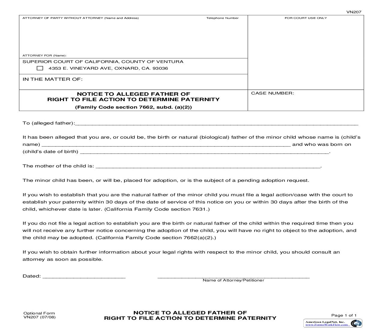 Notice To Alleged Father Of Right To File Action To Determine Paternity {VN207} | Pdf Fpdf Doc Docx | California
