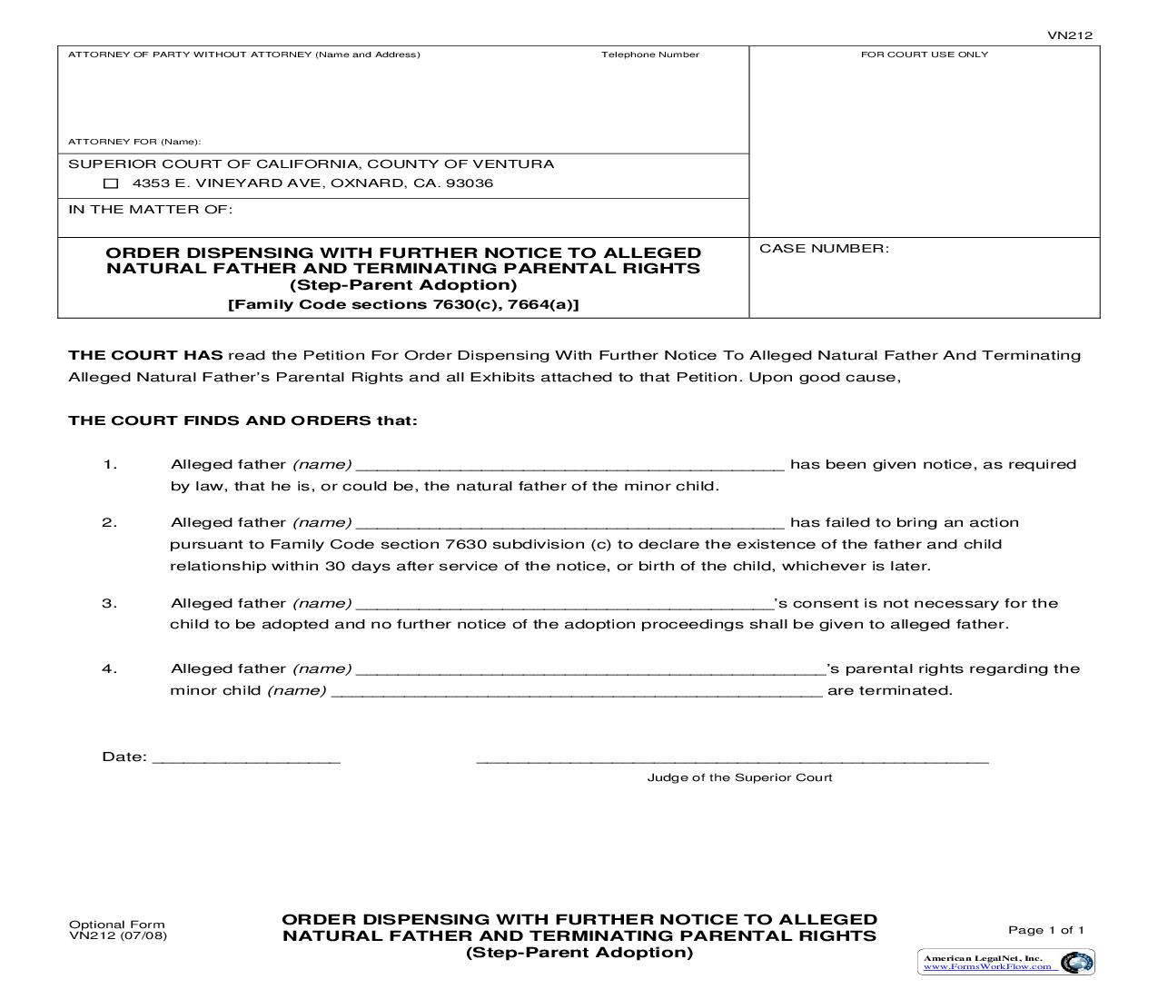 Order Dispensing With Further Notice To Alleged Natural Father And Terminating Parental Rights {VN212} | Pdf Fpdf Doc Docx | California