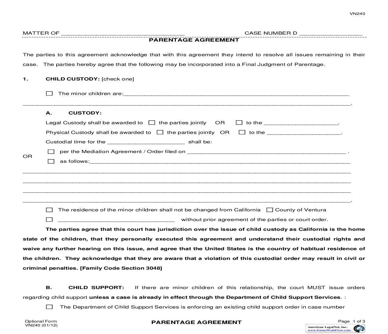 Parentage Agreement {VN240} | Pdf Fpdf Doc Docx | California