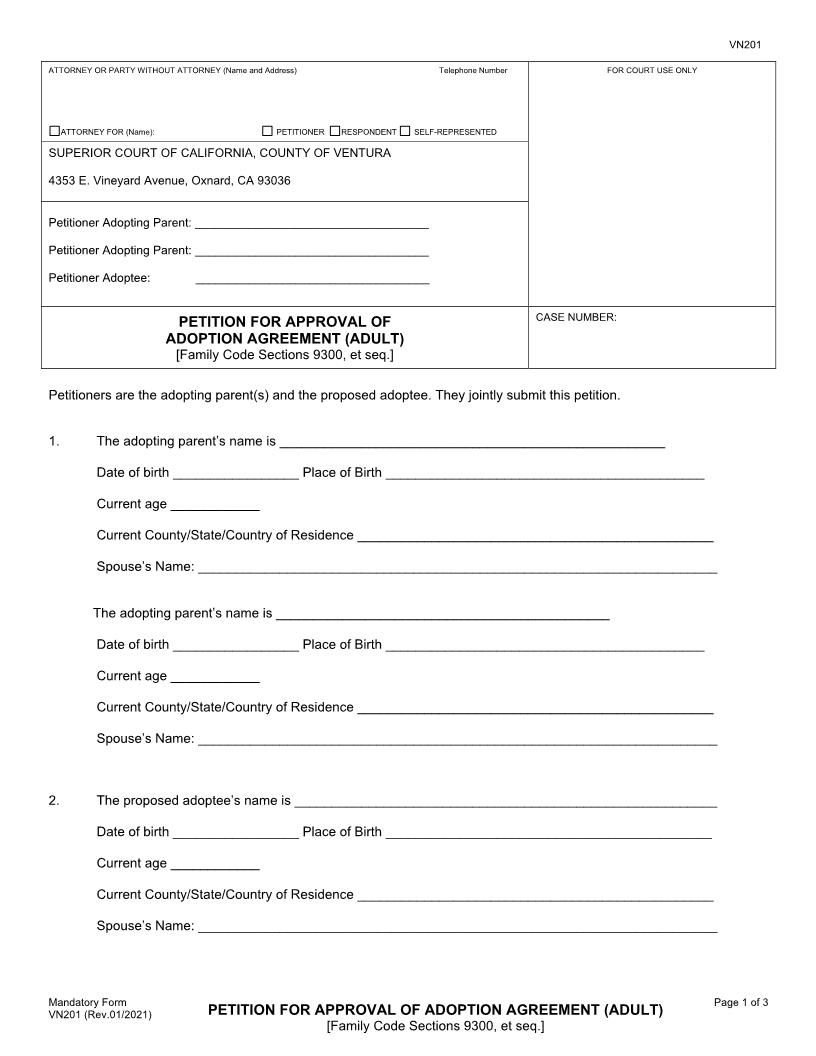 Petition For Approval Of Adoption Agreement (Adult) {VN201} | Pdf Fpdf Doc Docx | California