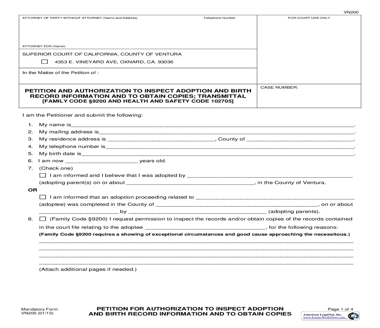 Petition For Authorization To Inspect Adoption And Birth Record Information {VN200} | Pdf Fpdf Doc Docx | California