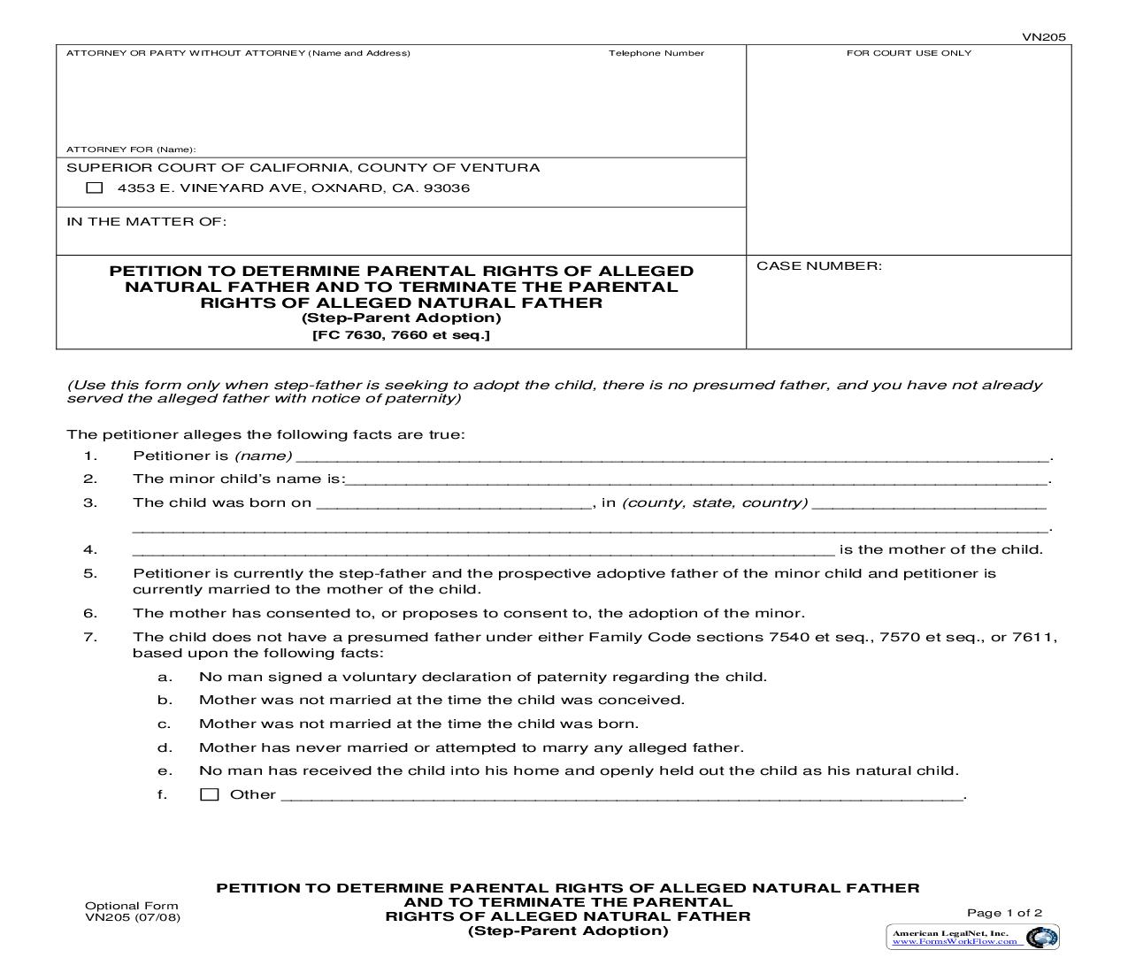 Petition To Determine Parental Rights Of Alleged Natural Father {VN205} | Pdf Fpdf Doc Docx | California