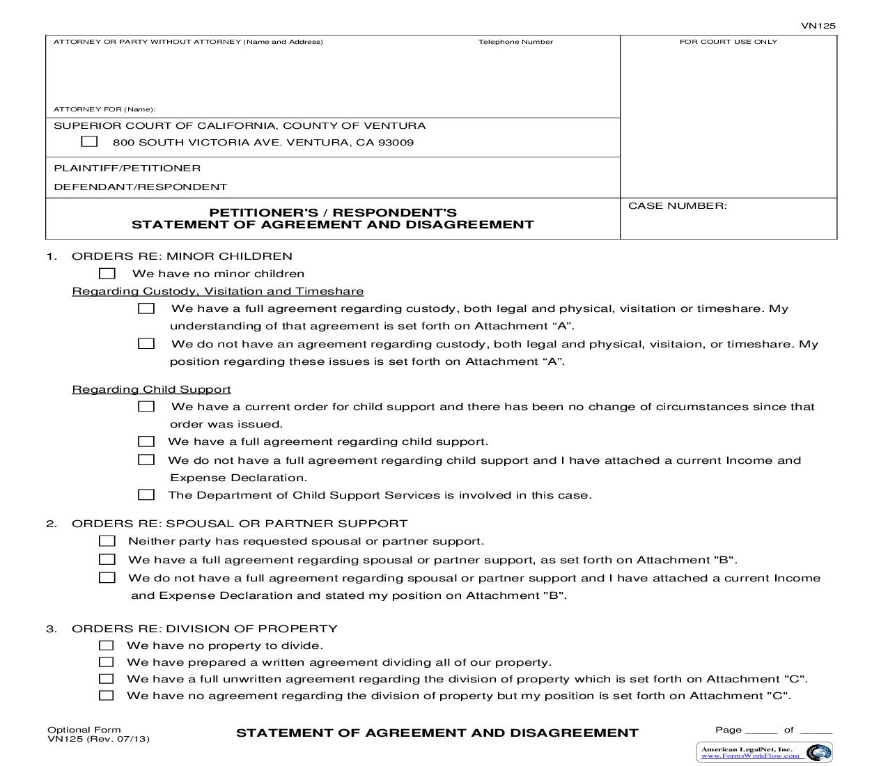Petitioners Respondents Statement Of Agreement And Disagreement {VN125} | Pdf Fpdf Doc Docx | California