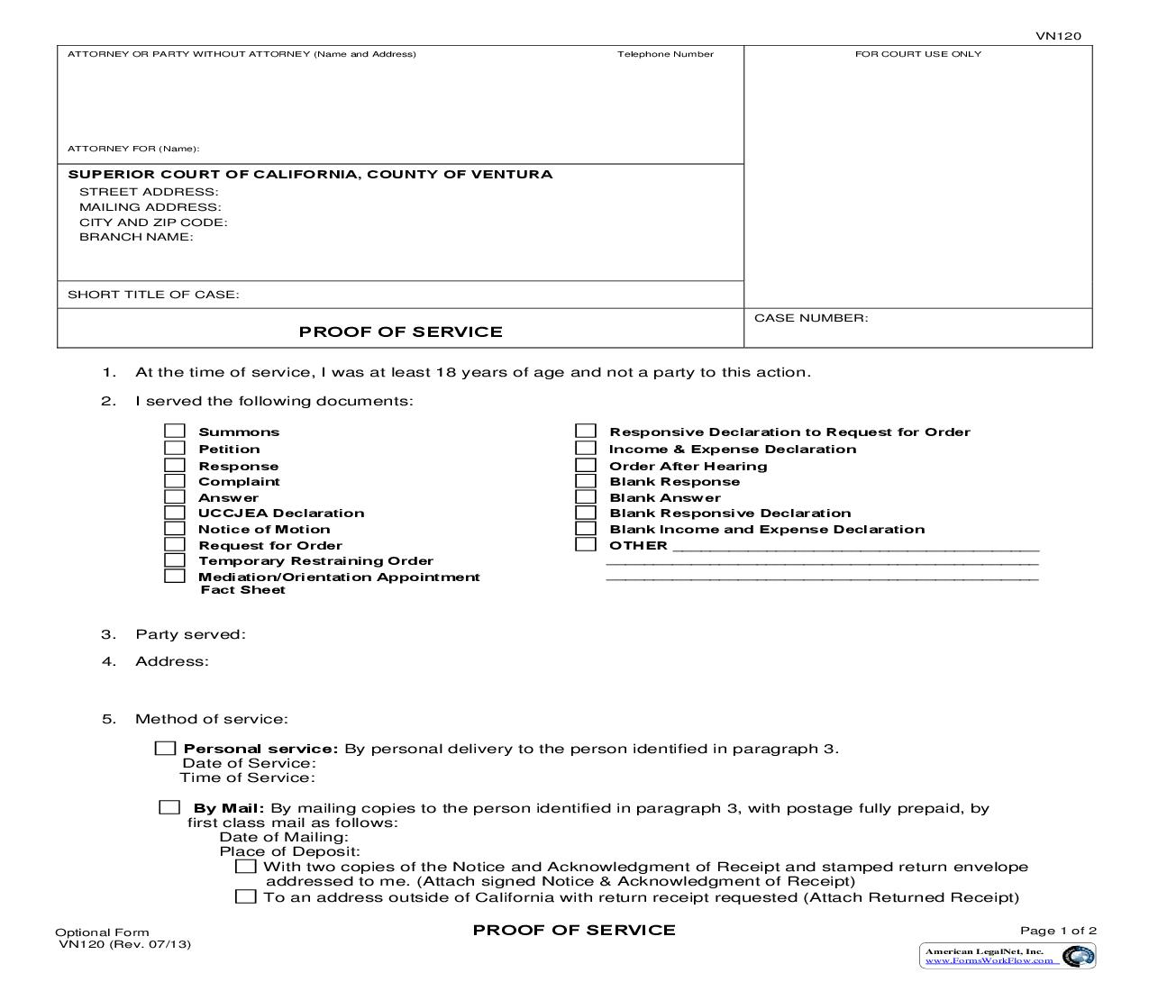 Proof Of Service Family Law {VN120} | Pdf Fpdf Doc Docx | California