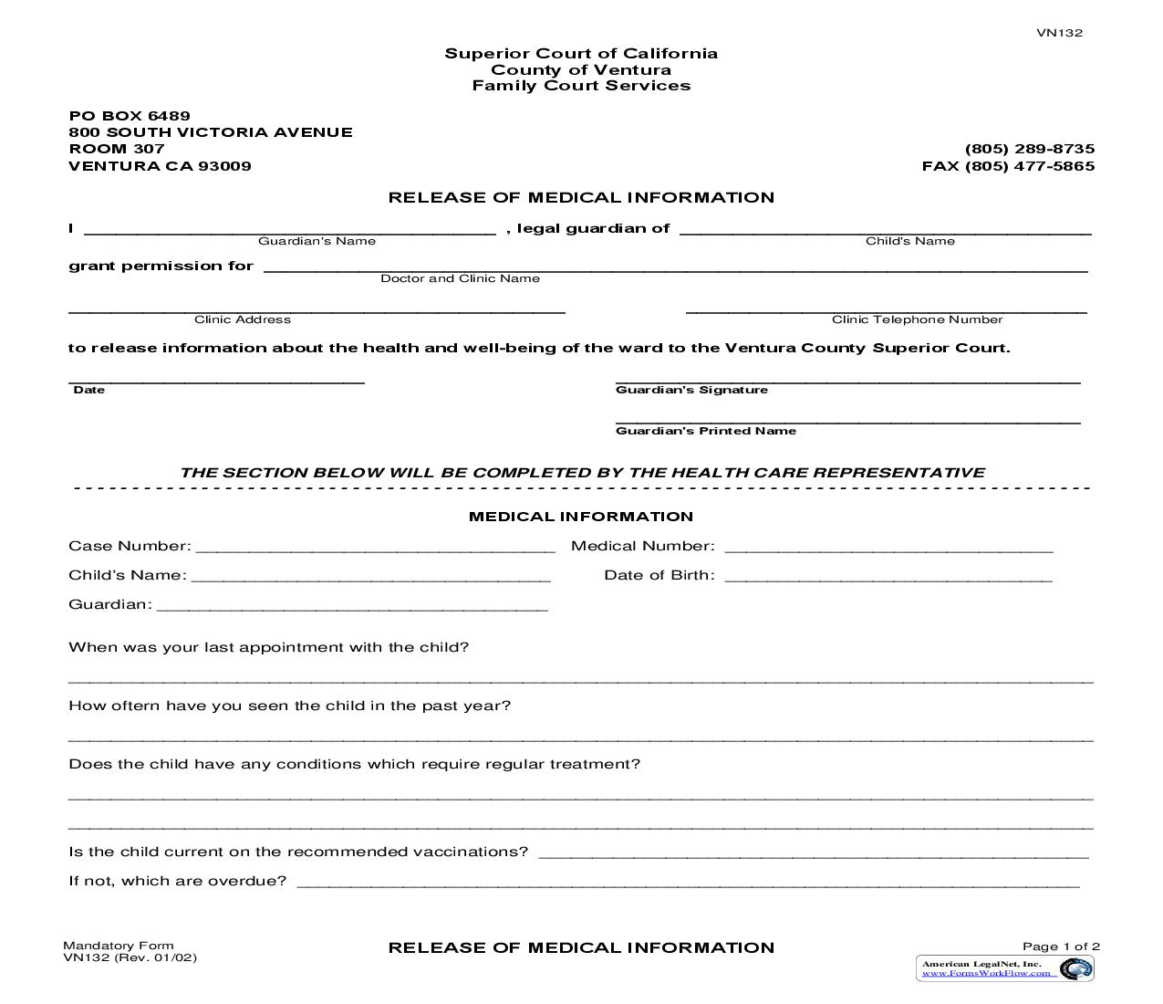 Release Of Medical Information {VN132} | Pdf Fpdf Doc Docx | California