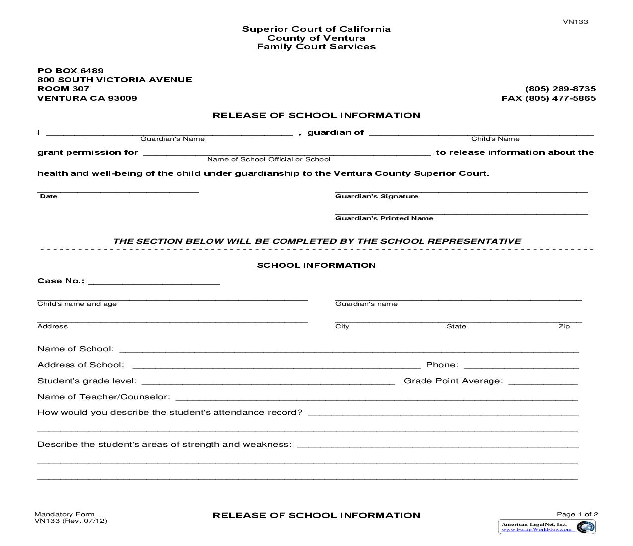 Release Of School Information {VN133} | Pdf Fpdf Doc Docx | California