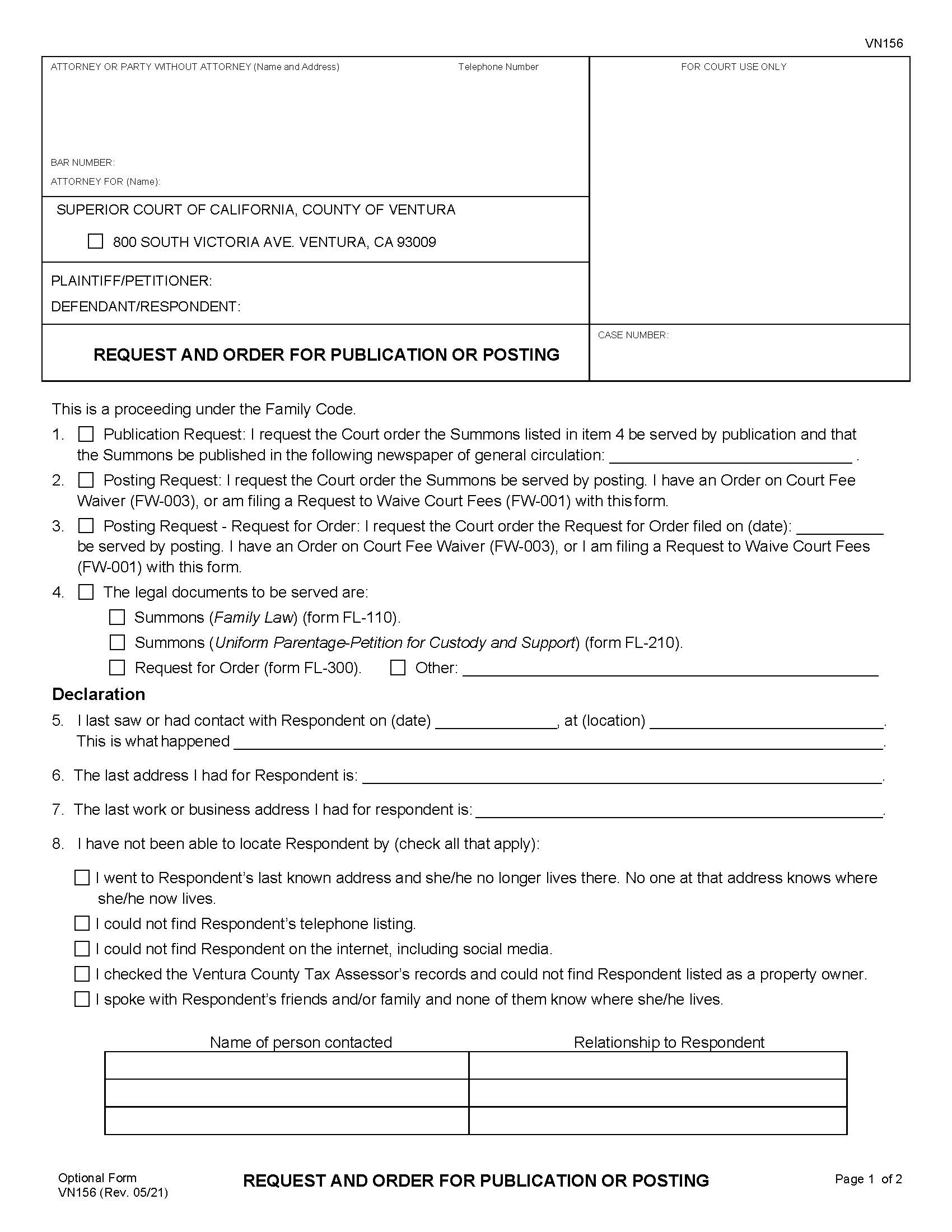 Request And Order For Publication Or Posting {VN156} | Pdf Fpdf Docx | California