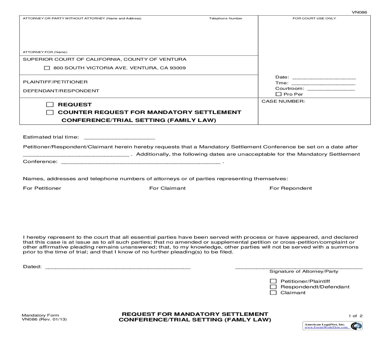 Request For Mandatory Settlement Conference-Trial Setting (Family Law) {VN086} | Pdf Fpdf Doc Docx | California