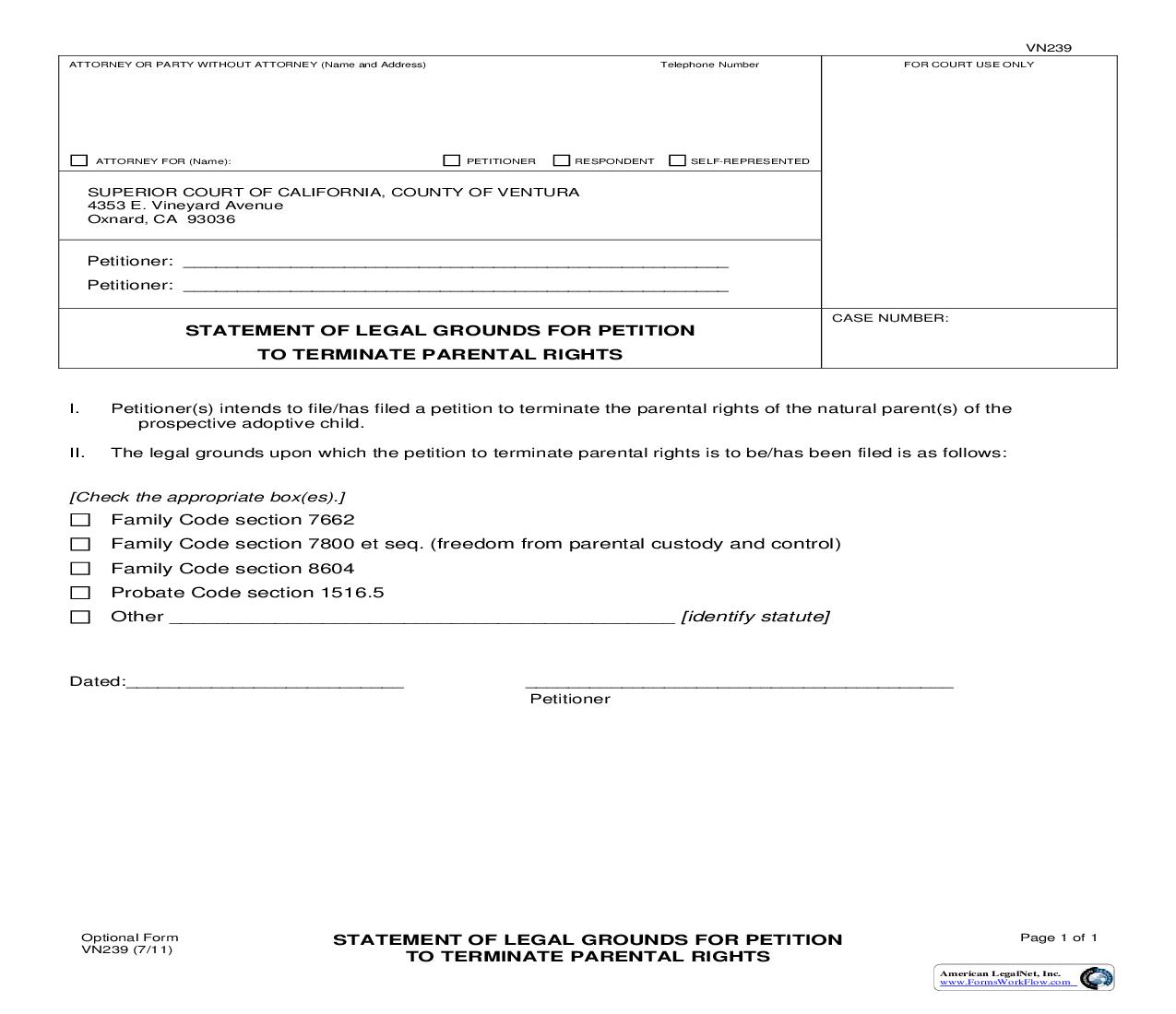 Statement Of Legal Grounds For Petition To Terminate Parental Rights {VN239} | Pdf Fpdf Doc Docx | California