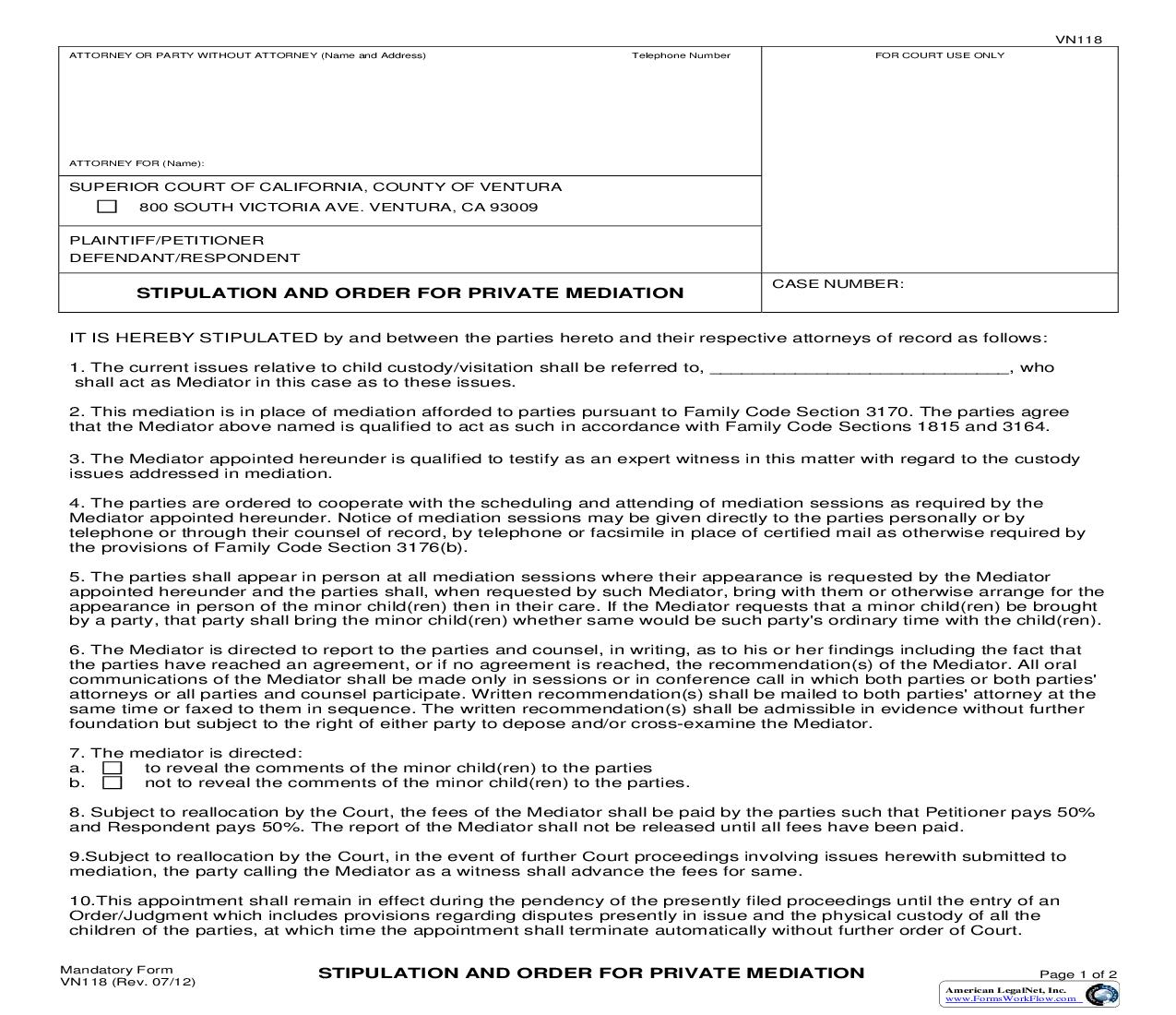 Stipulation And Order For Private Mediation {VN118} | Pdf Fpdf Doc Docx | California