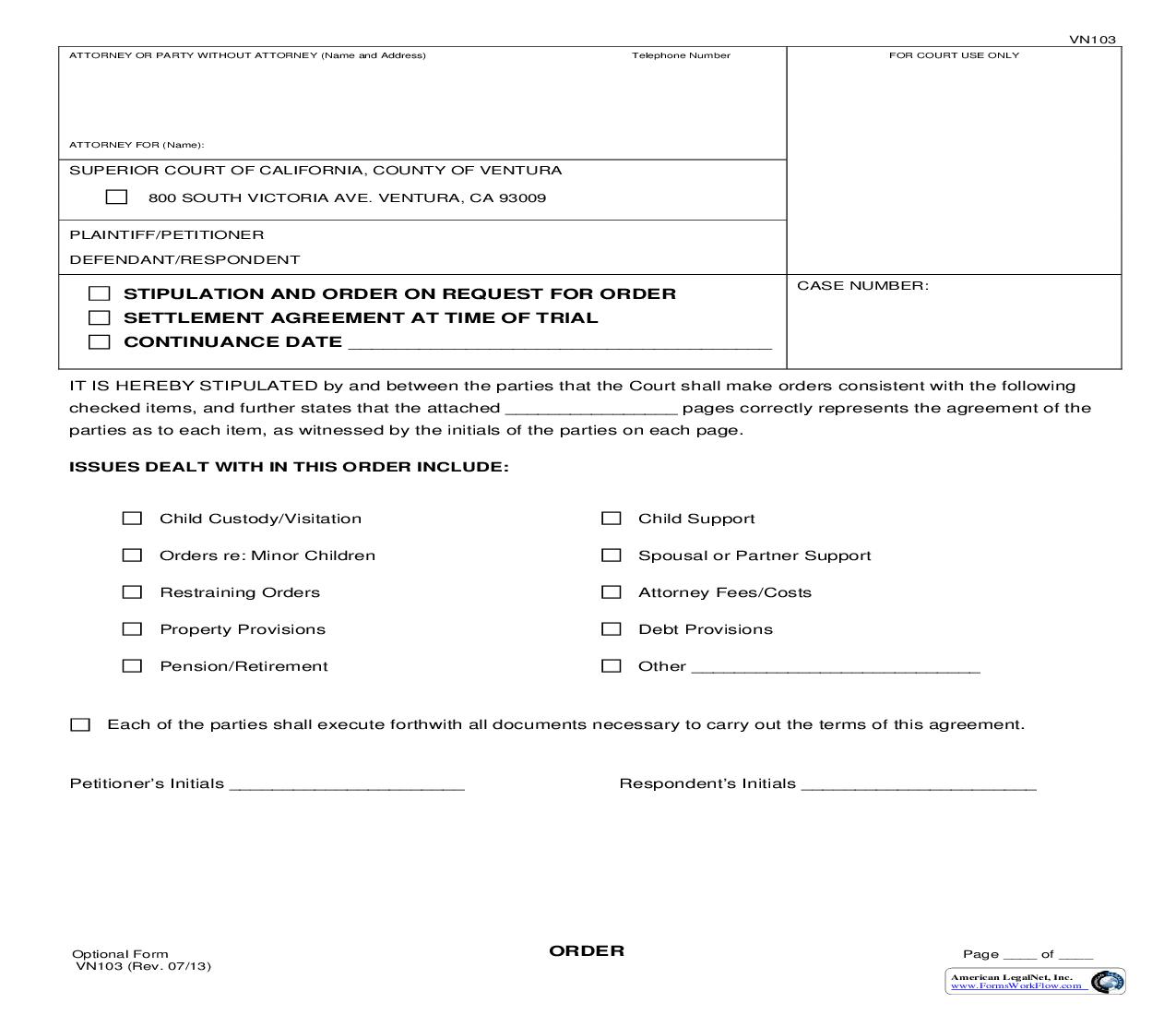 Stipulation And Order On Order To Show Cause Settlement Agreement At Time Of Trial {VN103} | Pdf Fpdf Doc Docx | California
