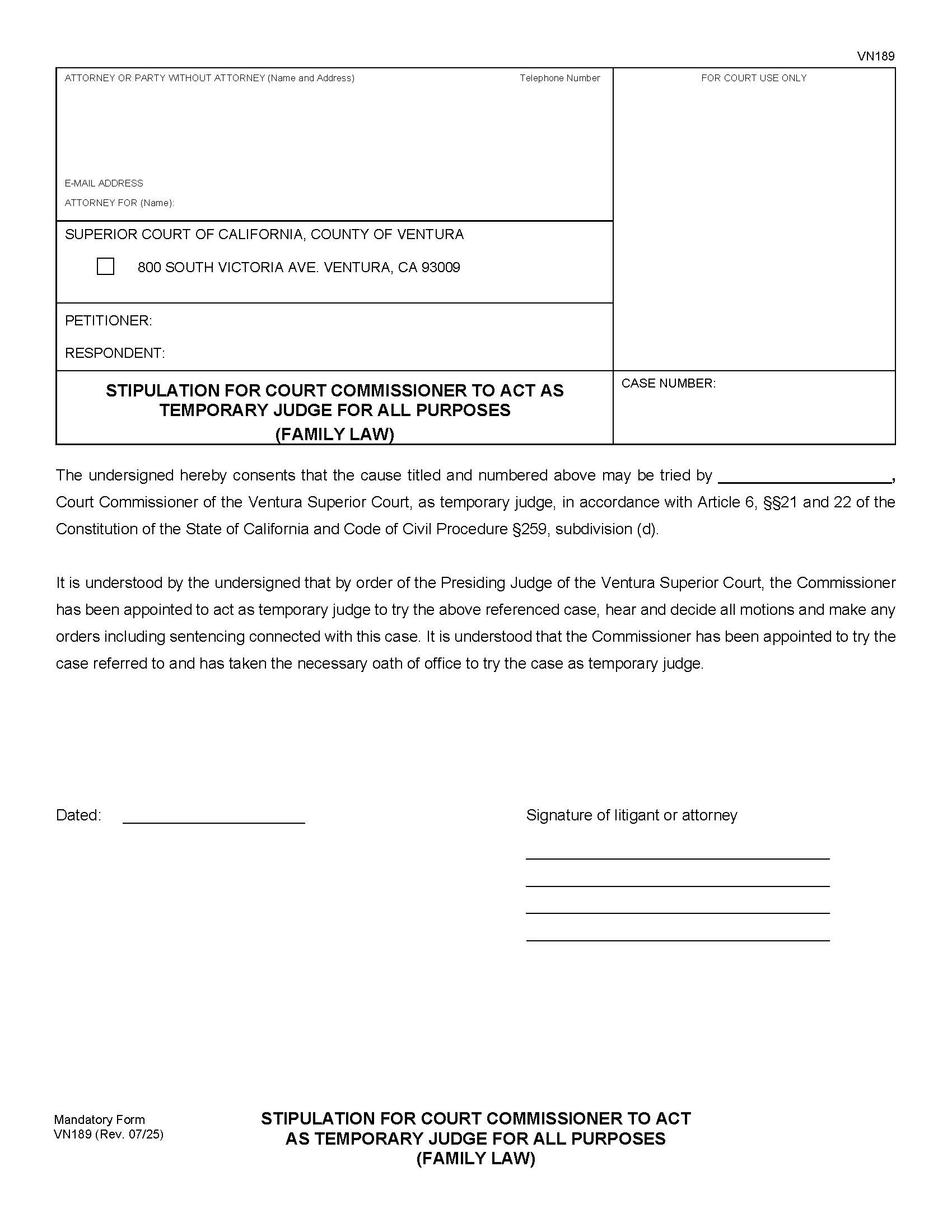 Stipulation For Court Commissioner To Act As Temporary Judge For All Purposes (Family Law) {VN189} | Pdf Fpdf Doc Docx | California