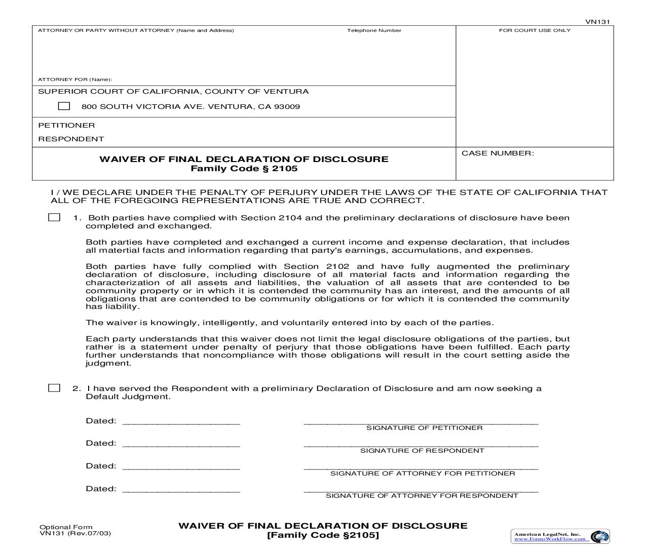 Waiver Of Final Declaration Of Disclosure {VN131} | Pdf Fpdf Doc Docx | California