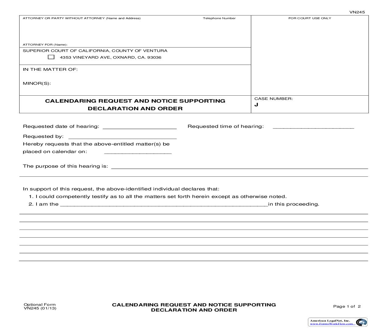 Calendaring Request And Notice Supporting Declaration And Order {VN245} | Pdf Fpdf Doc Docx | California