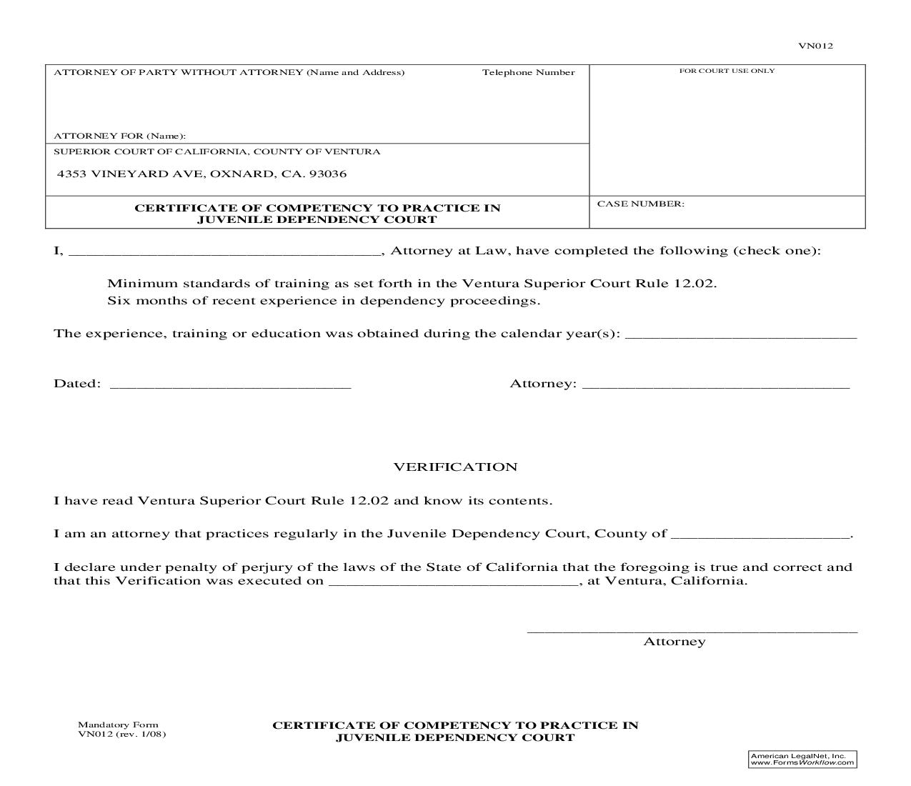 Certificate Of Competency To Practice In Juvenile Dependency Court {VN012} | Pdf Fpdf Doc Docx | California