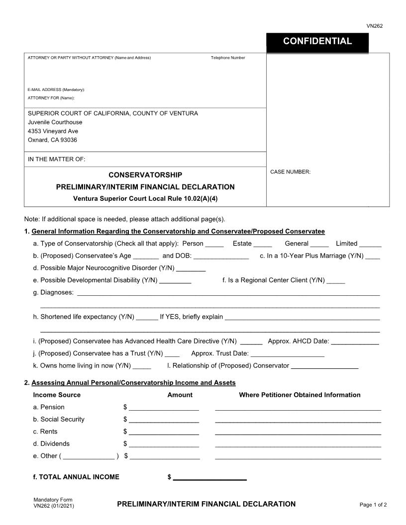 Conservatorship Preliminary-Interim Financial Declaration {VN262} | Pdf Fpdf Docx | California