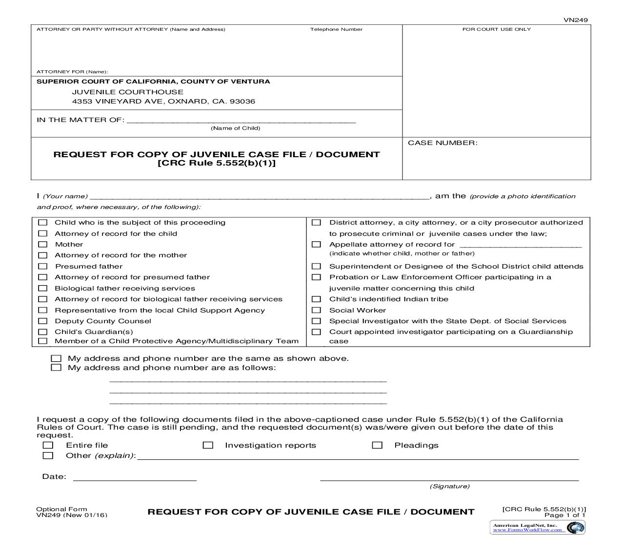 Request For Copy Of Juvenile Case File-Document {VN249} | Pdf Fpdf Doc Docx | California