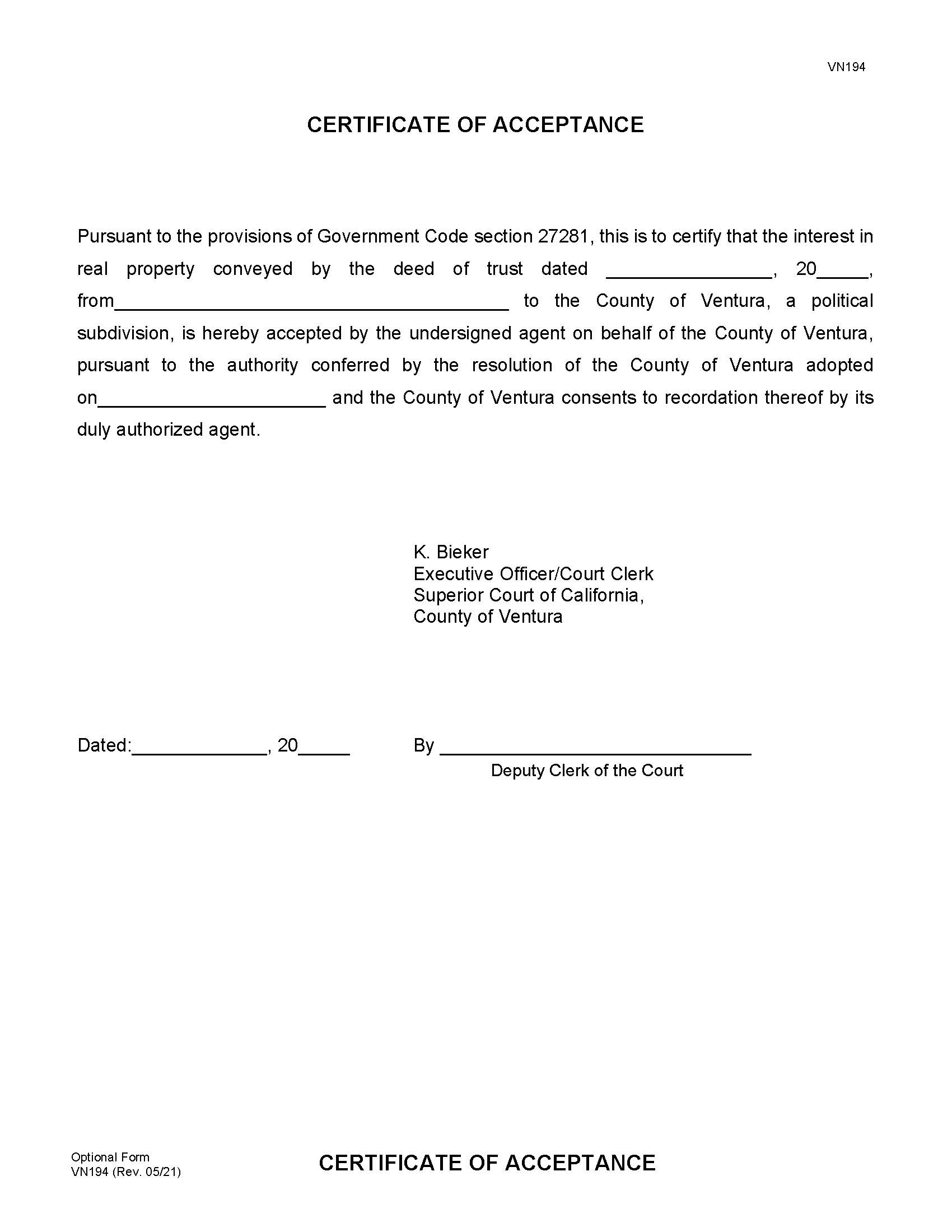 Certificate Of Acceptance {VN194} | Pdf Fpdf Doc Docx | California