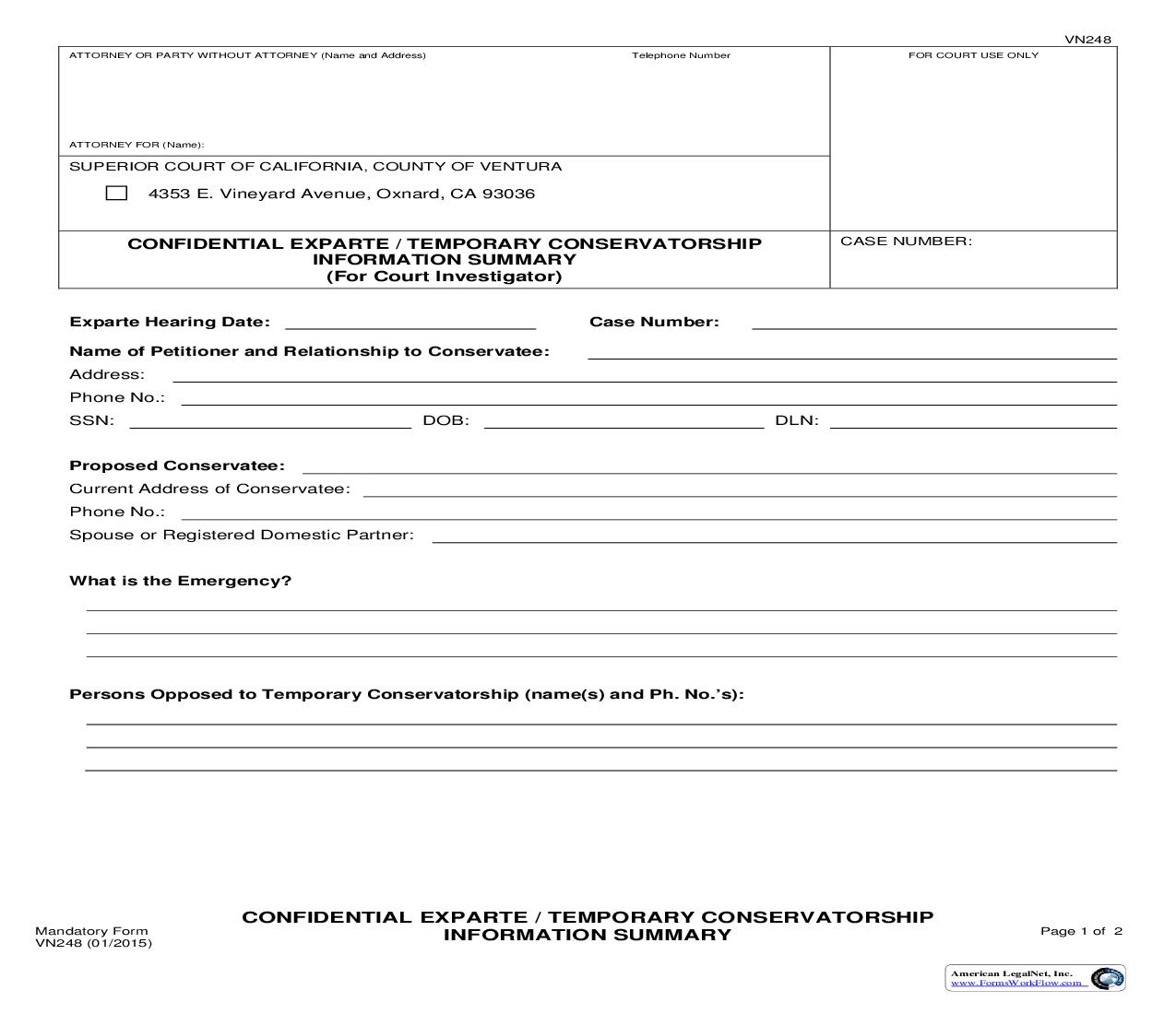 Confidential Ex Parte-Temporary Conservatorship Information Summary {VN248} | Pdf Fpdf Doc Docx | California