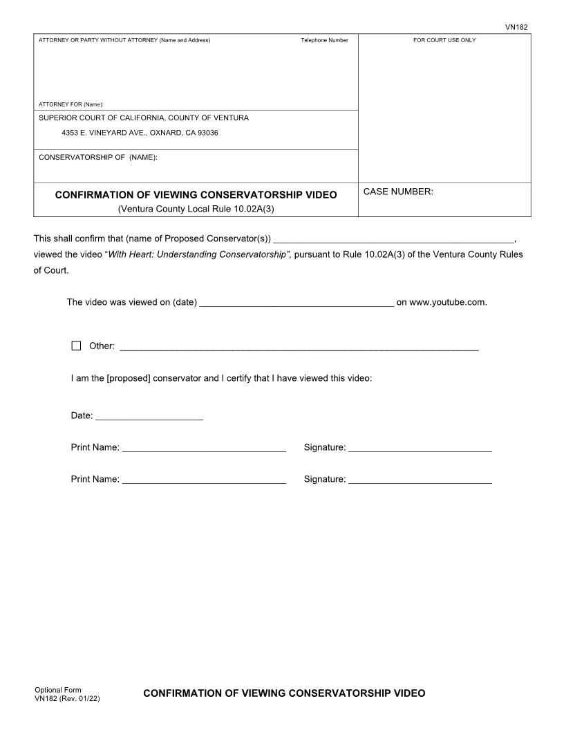 Confirmation Of Viewing Conservatorship Video {VN182} | Pdf Fpdf Doc Docx | California