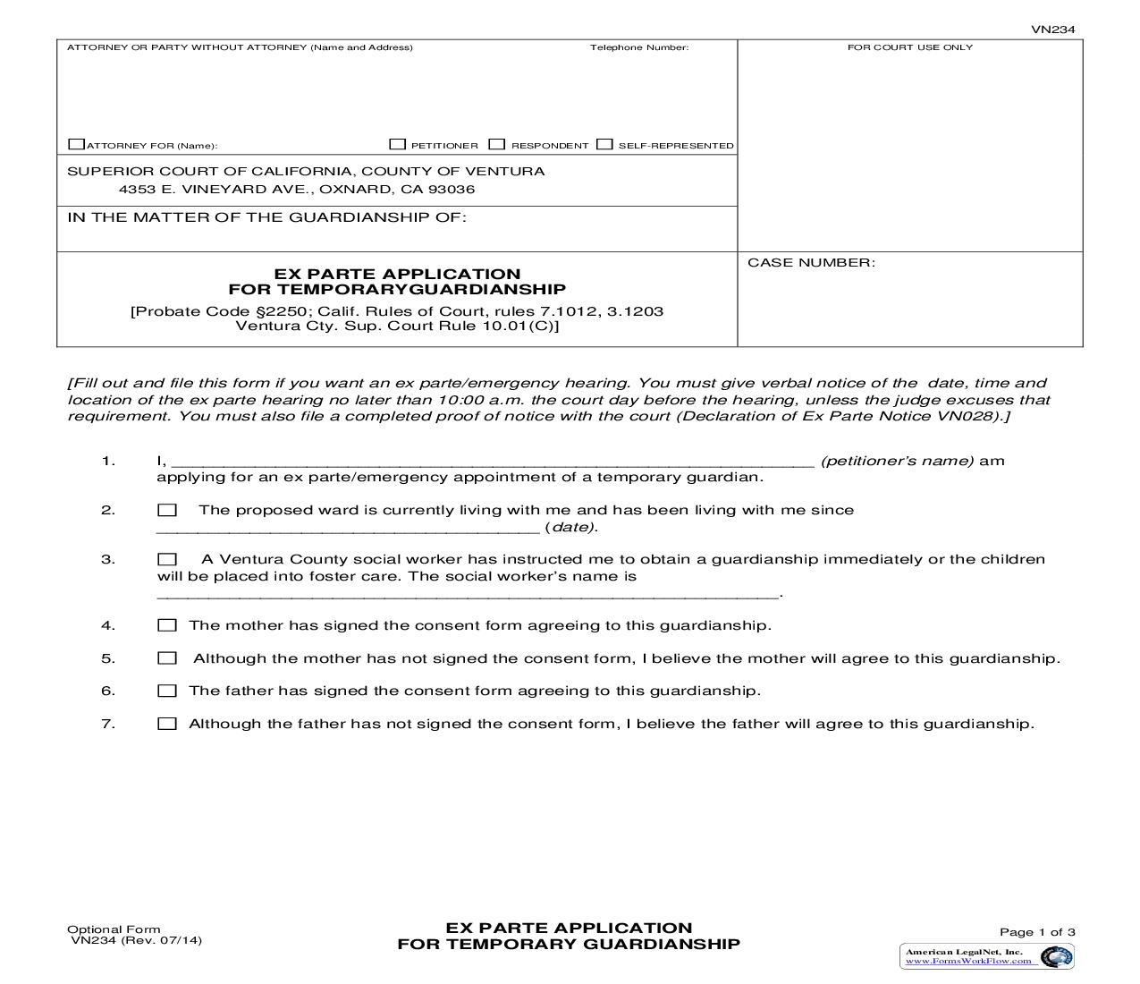 Ex Parte Application For Temporary Guardianship {VN234} | Pdf Fpdf Doc Docx | California