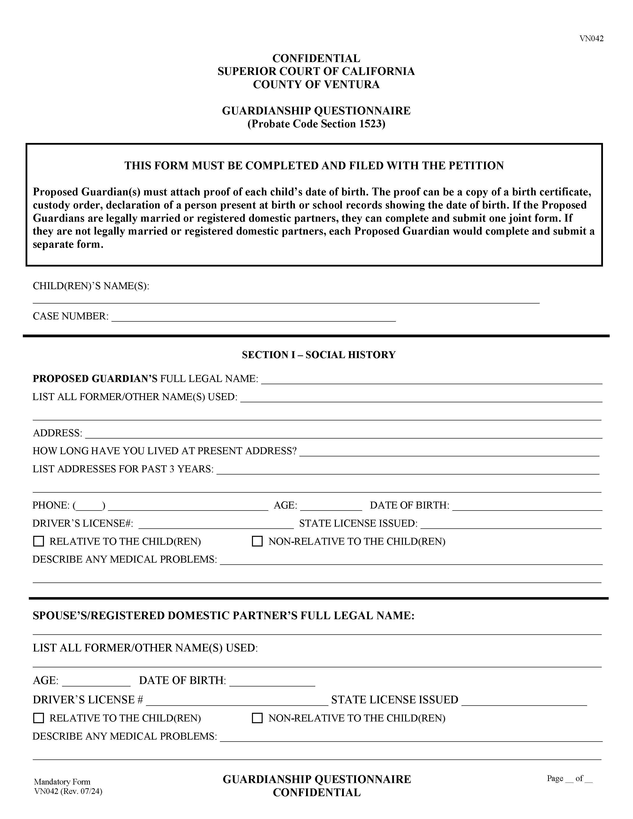 Guardianship Questionnaire (Probate Code Section 1513) {VN042} | Pdf Fpdf Doc Docx | California