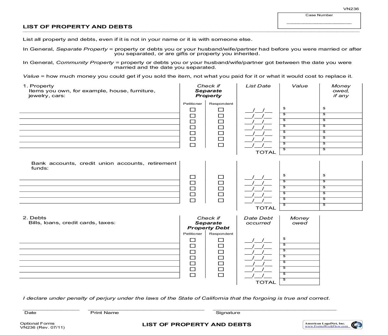 List Of Property And Debts {VN236} | Pdf Fpdf Doc Docx | California
