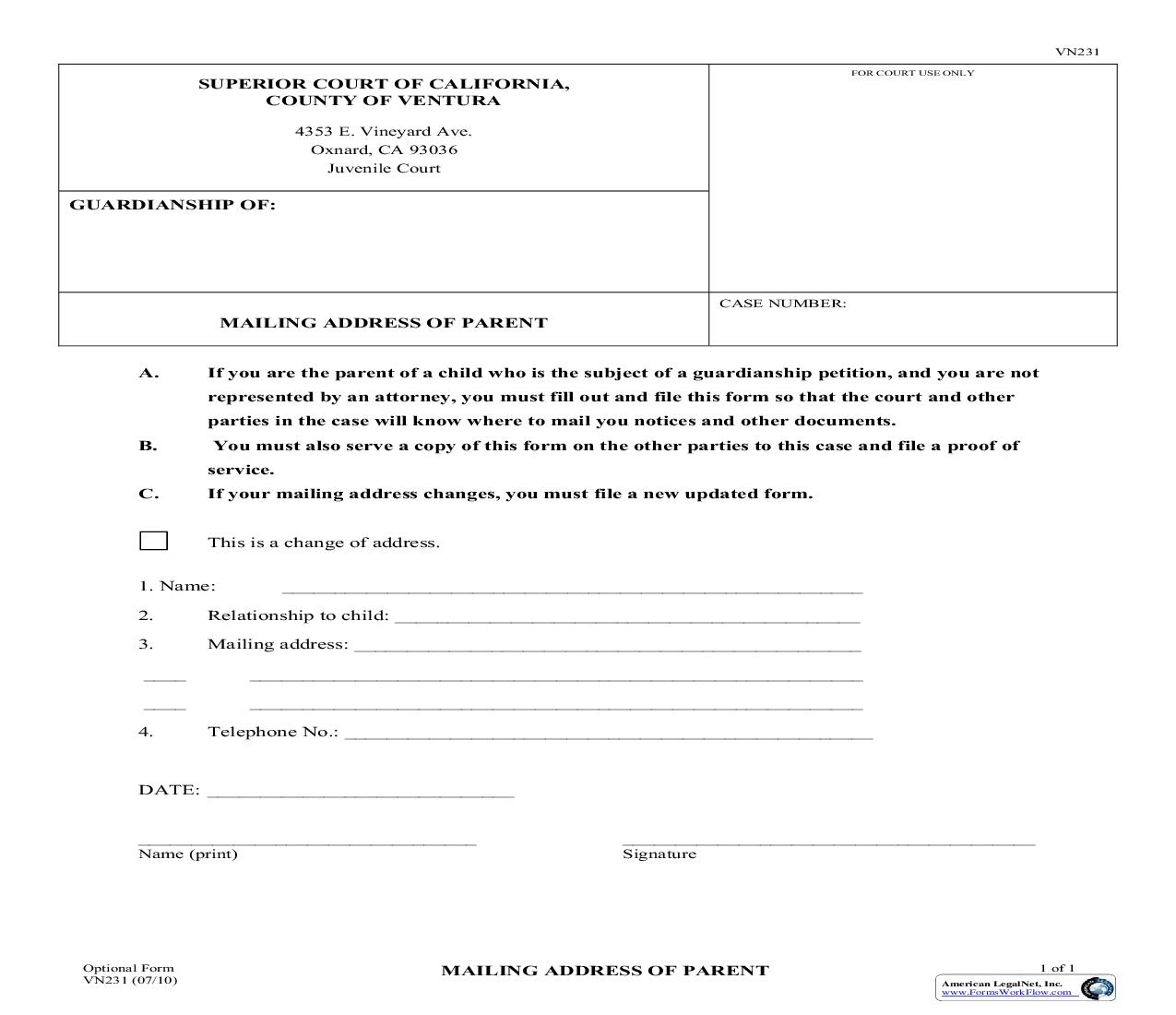 Mailing Address Of Parent {VN231} | Pdf Fpdf Doc Docx | California