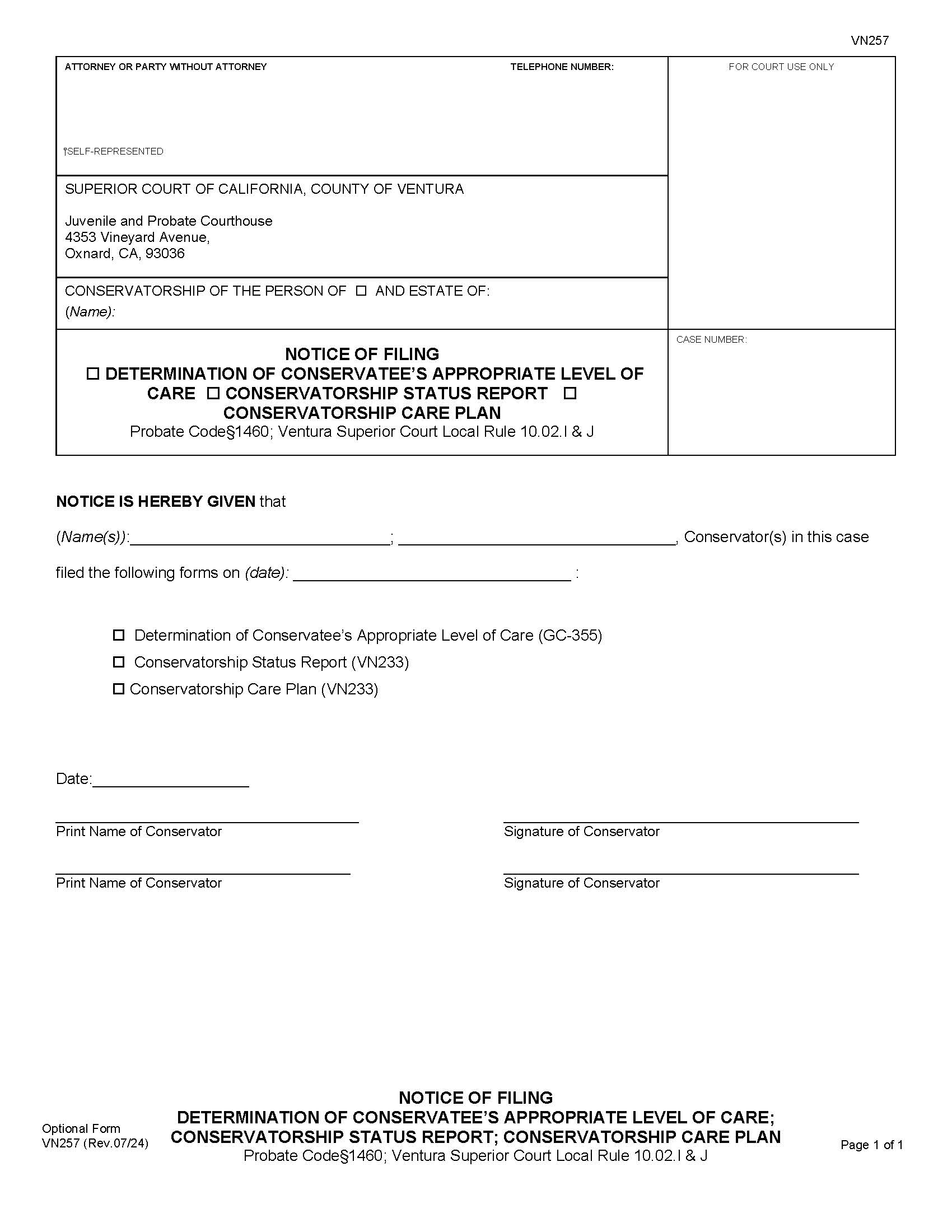 Notice Of Filing Determination Of Conservatees Appropriate Level Of Care {VN257} | Pdf Fpdf Docx | California